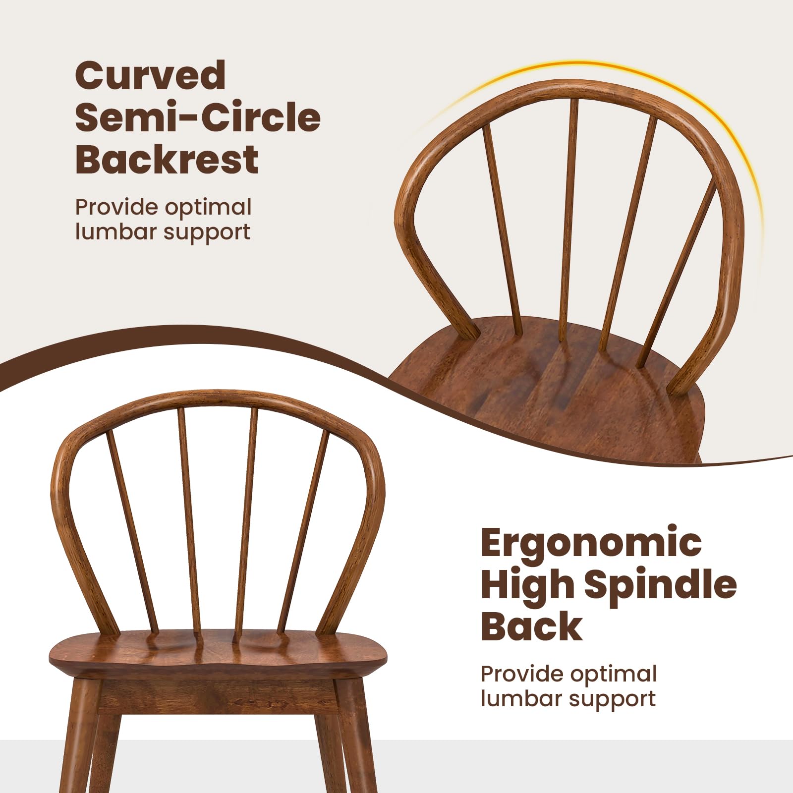 Wooden Dining Chairs Set of 2/4, Windsor Kitchen Chairs w/High Spindle Back & Rubber Wood Legs, Wide Seat & Curved Backrest