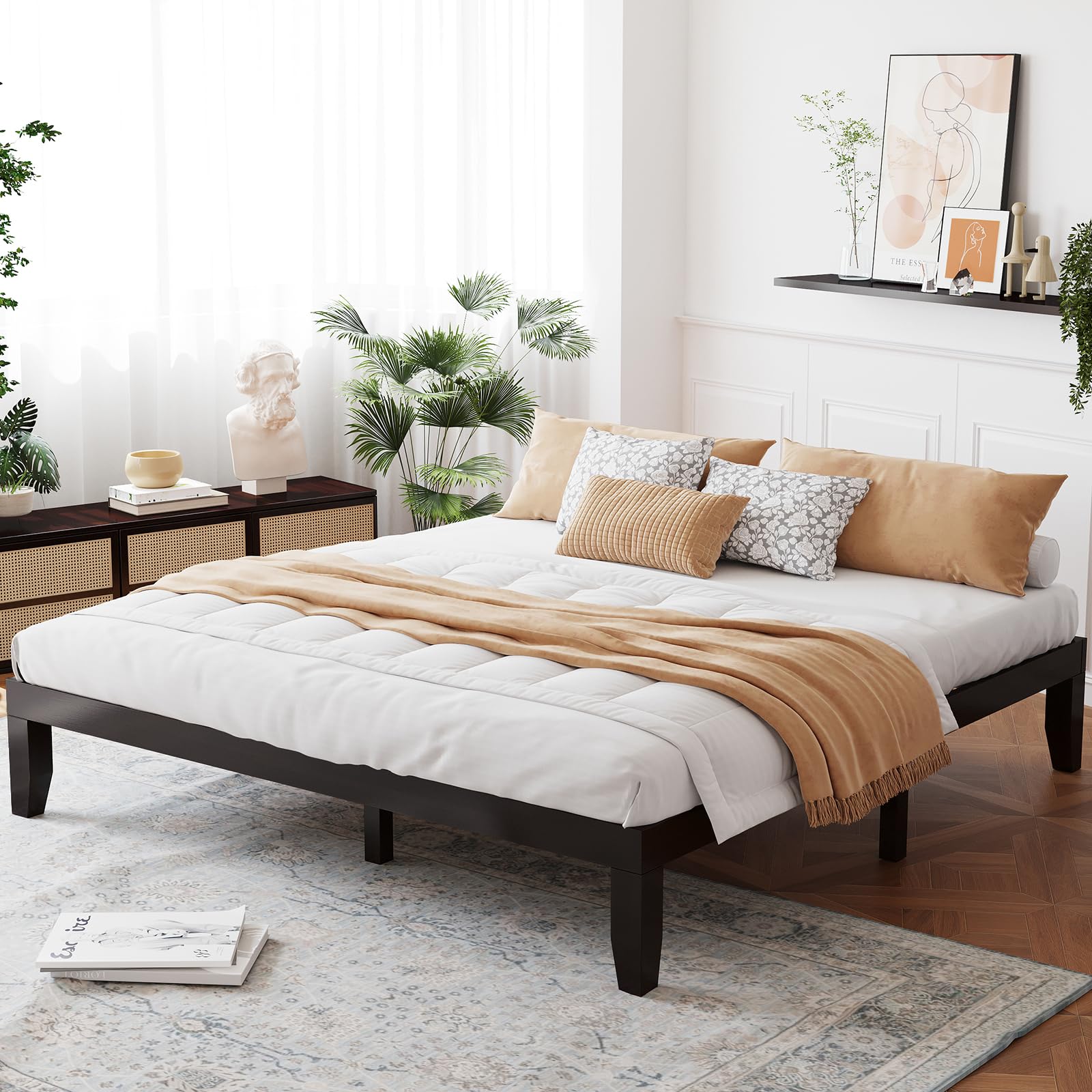 14 Inches Wood Platform Bed Frame, Solid Wood Mattress Foundation with Rubber Wood Frame