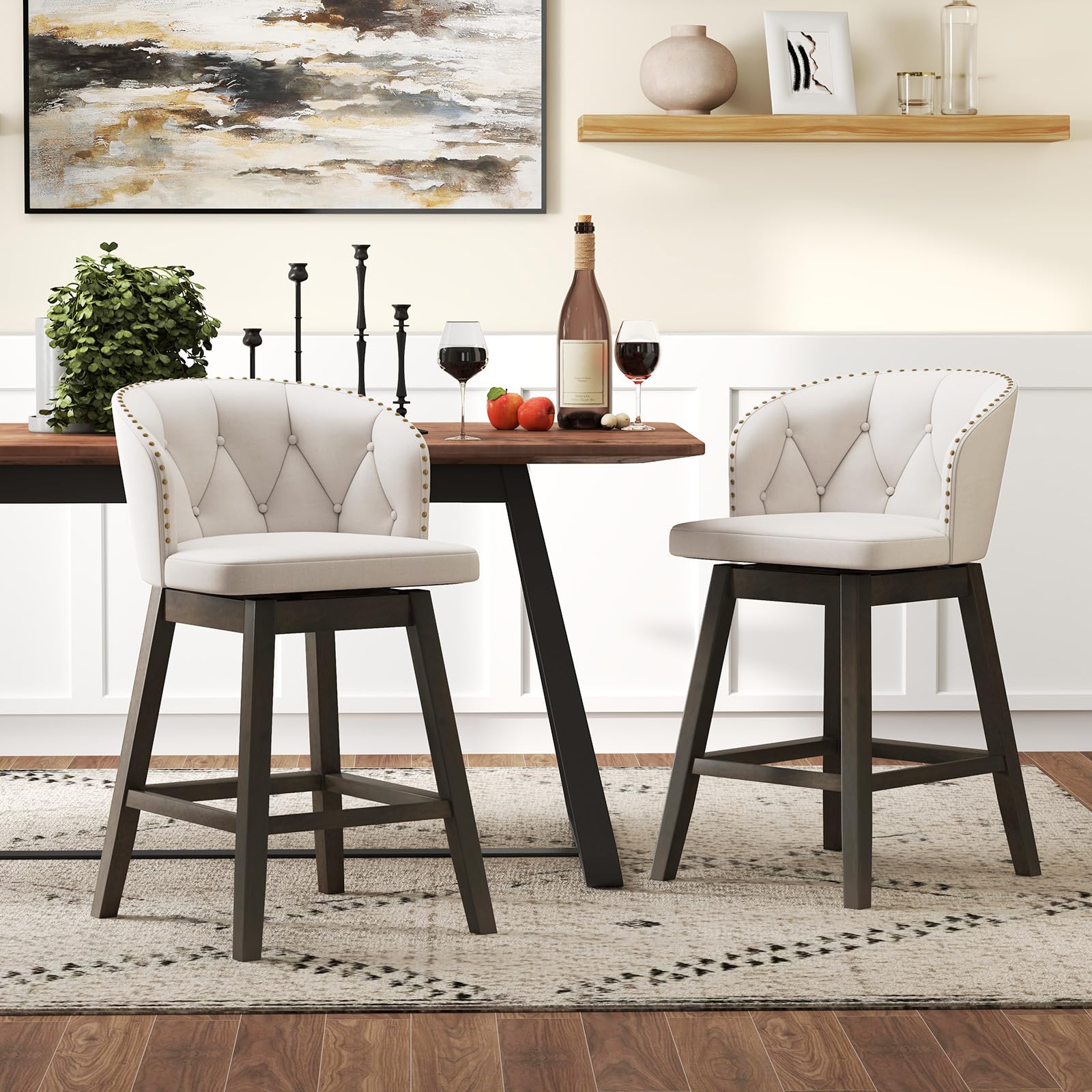 Counter Height Bar Stools Set of 2/4, Fabric Upholstered Island Stools with 360&deg; Swivel Seat & Button-Tufted Back