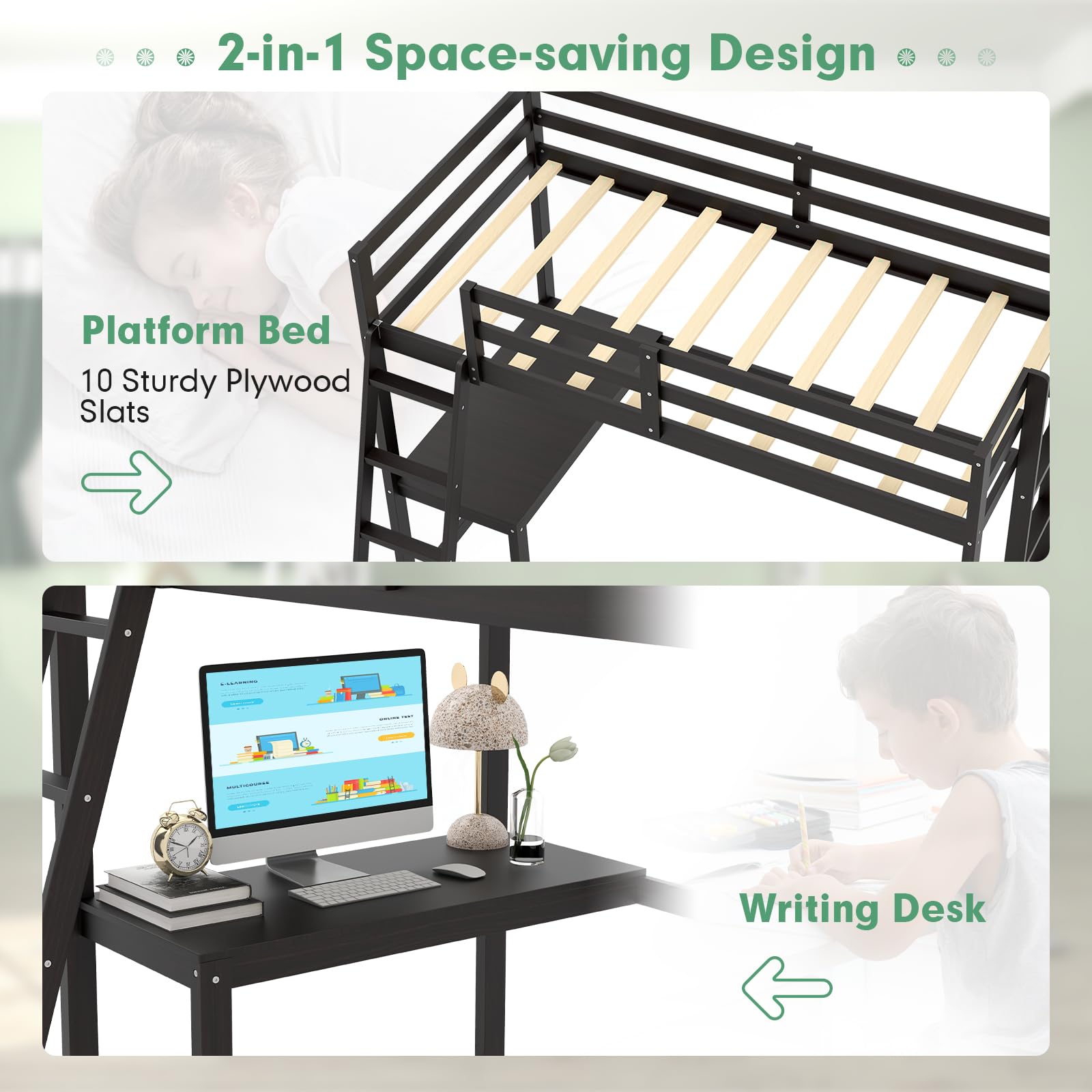Twin Size Wood Loft Bed with Desk, 2 Ladders, Full Length Guardrail for Kids Teens Adults