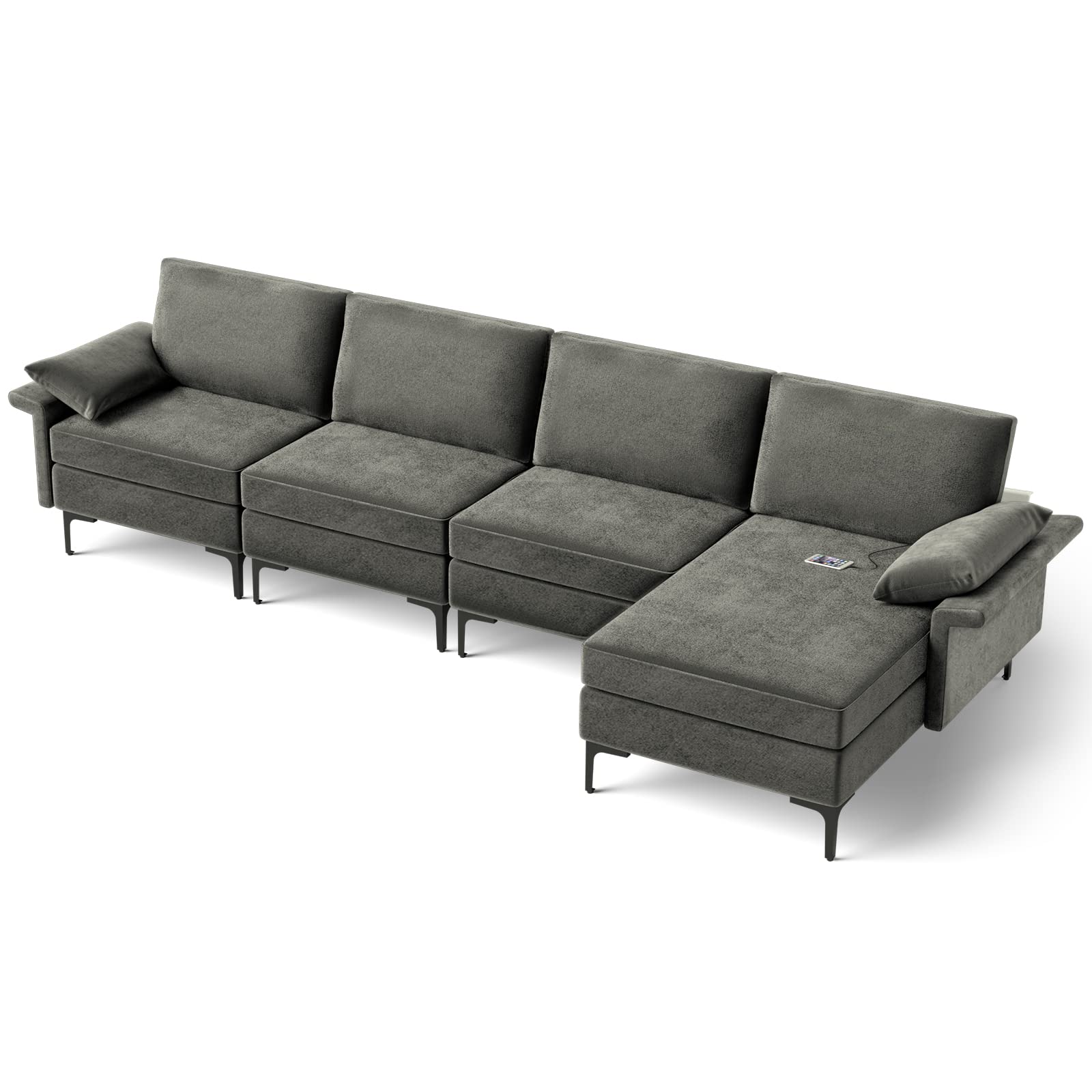 130.5 Inch Extra Large Convertible Sectional Sofa with Reversible Chaise Lounge, 3-Hole Outlets & 4 USB Ports