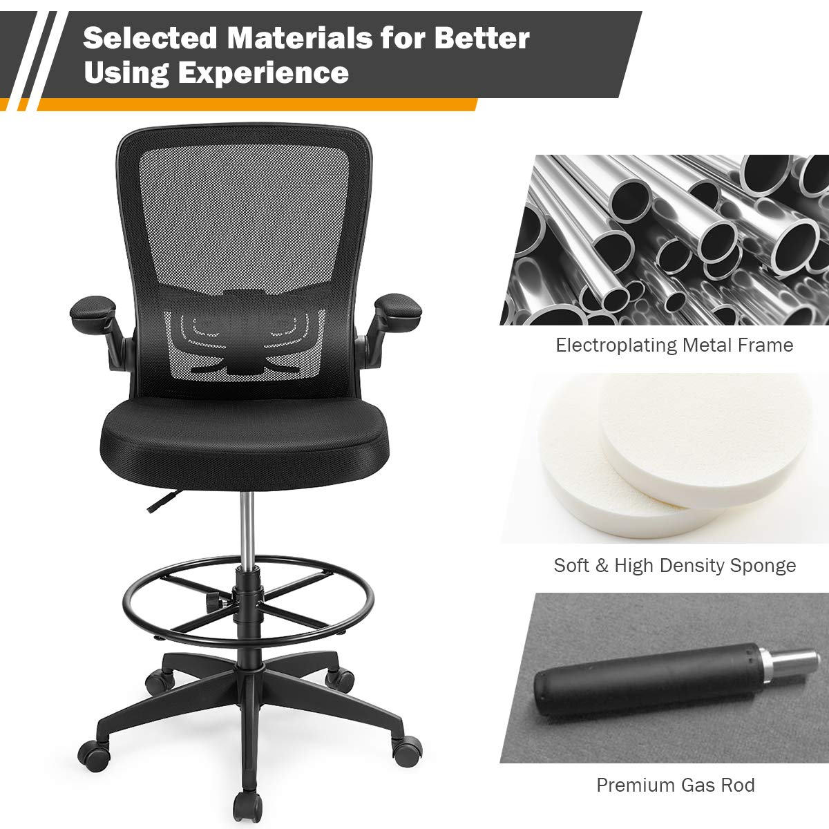 Drafting Chair, Ergonomic Tall Office Chair with Thick Cushion, Flip-up Armrest, Adjustable Back Support & Footrest