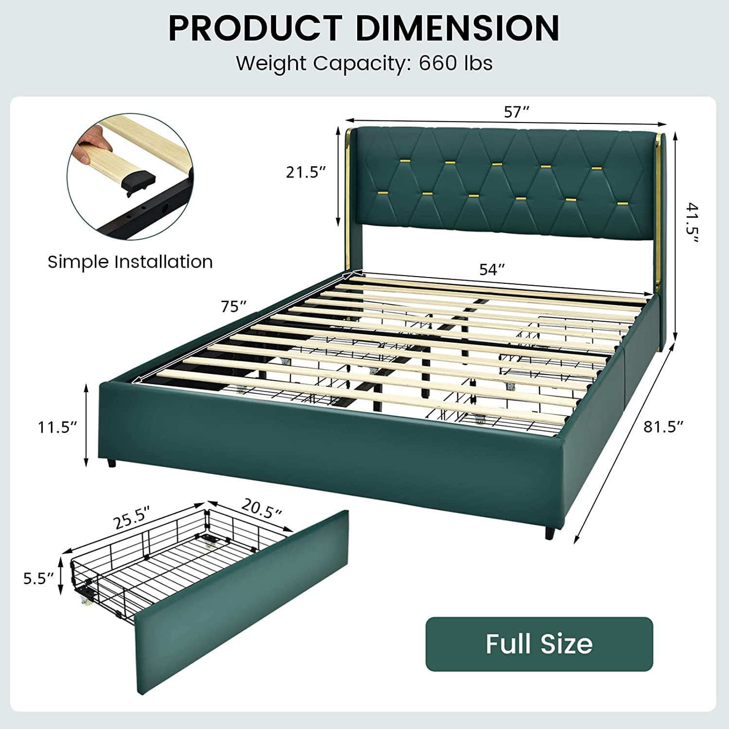 Full/Queen Upholstered Bed Frame with 4 Rolling Storage Drawers, Space Saving PU Leather Bed Frame