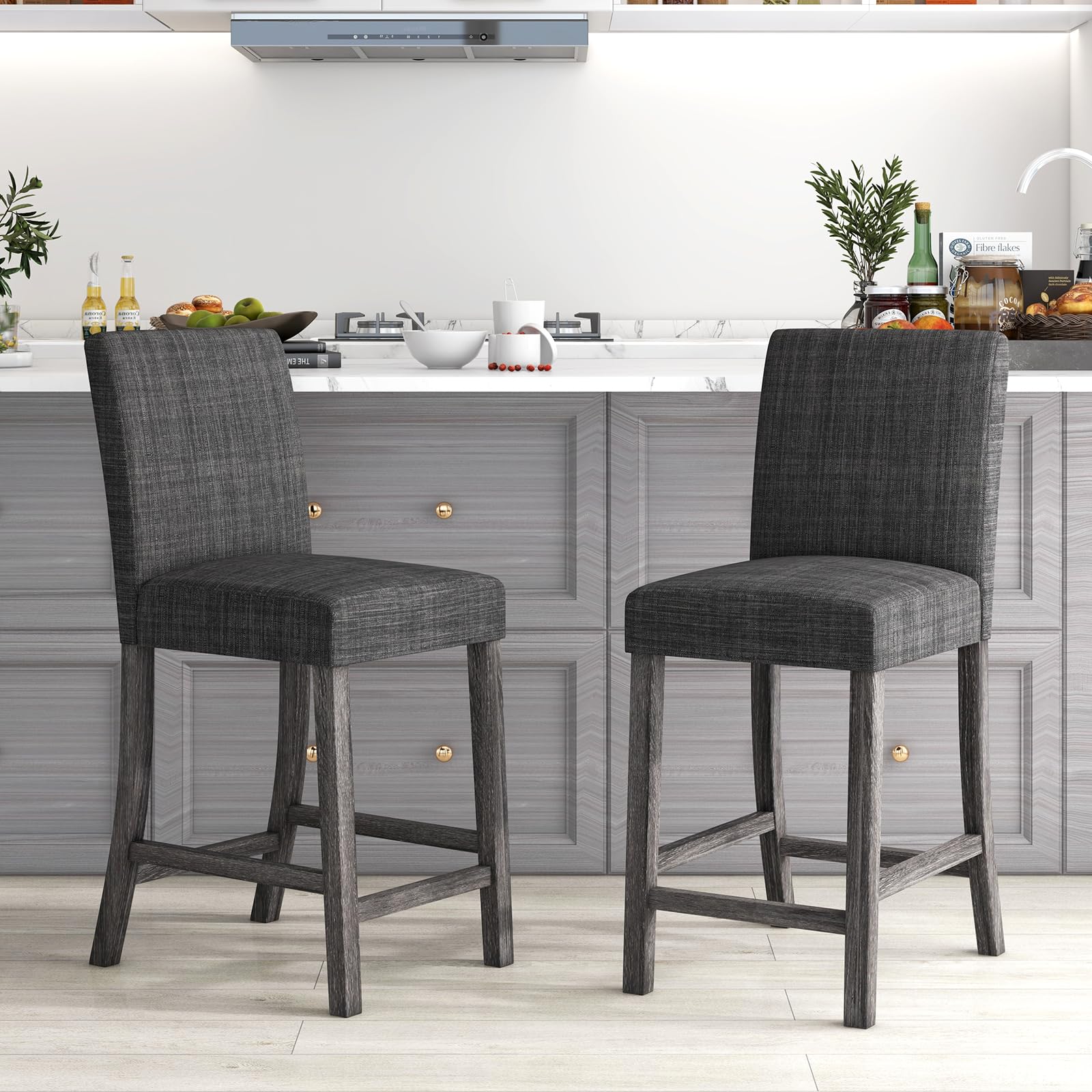 Upholstered Counter Height Bar Stools Set of 2/4 with Ergonomic Backrest, Solid Wood Frame