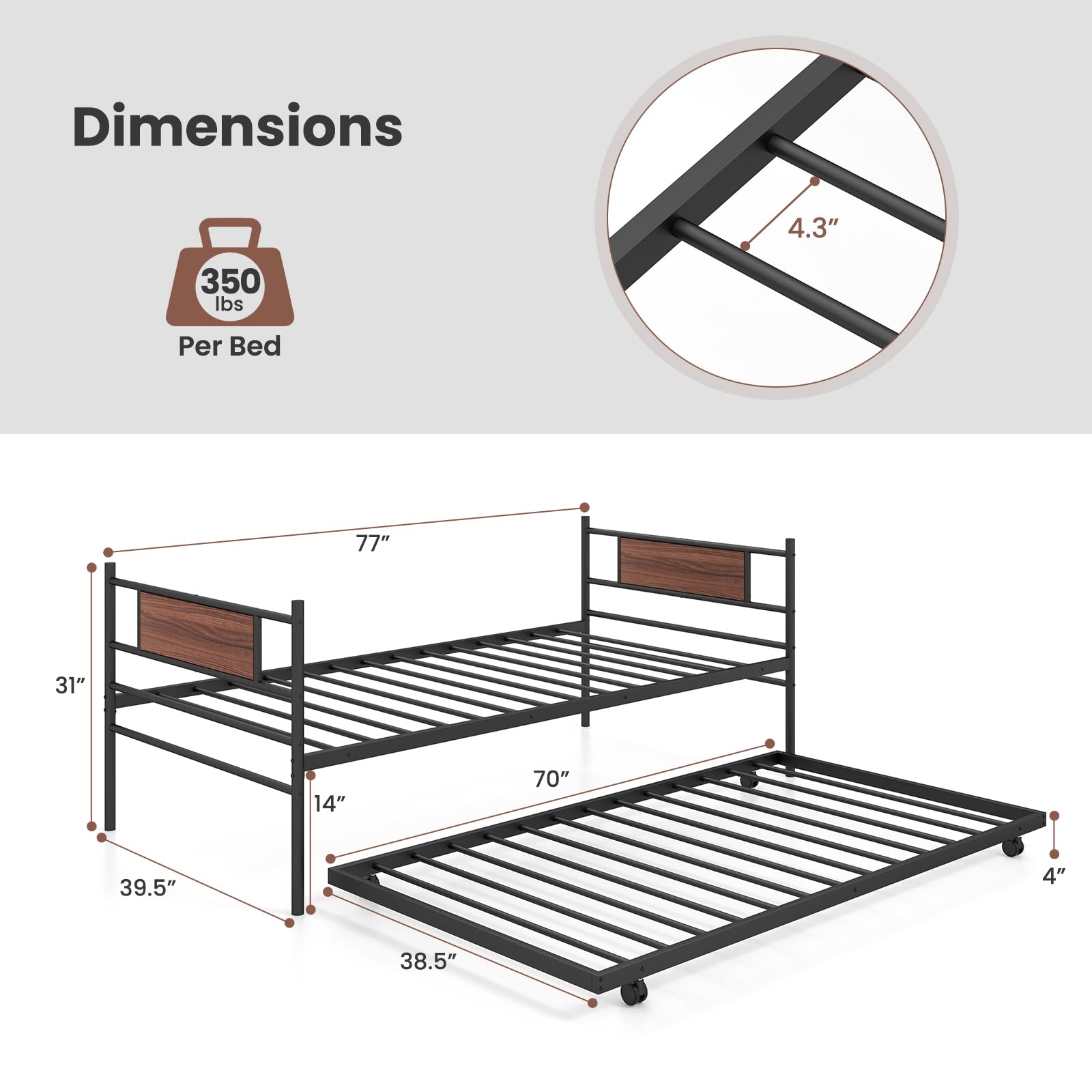 Twin Size Metal Daybed with  Trundle, Wood Grain Headboard & Metal Slat Support