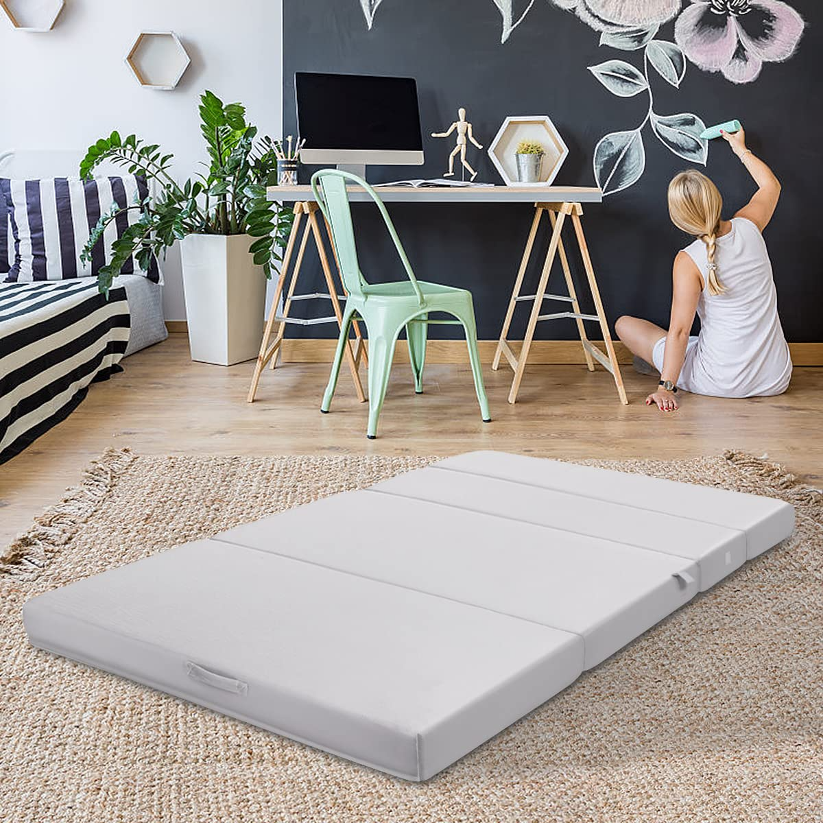 4 Inch Tri Folding Mattress, Foam Mattress with Carrying Handles and Removable Washable Fabric