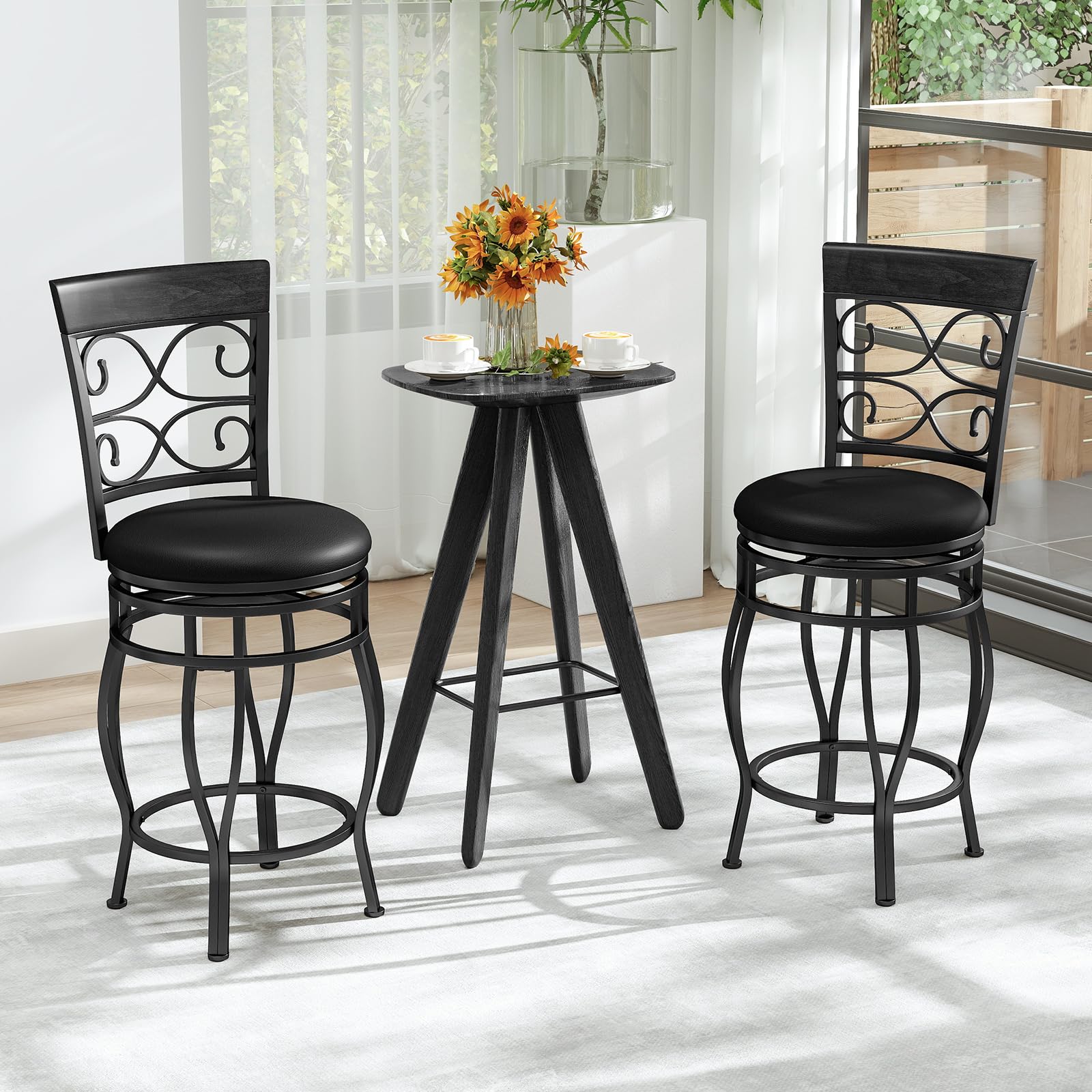Swivel Bar Stools Set of 2/4, Counter Height Bar Stools with Back, Upholstered PU Leather Seat, Footrest