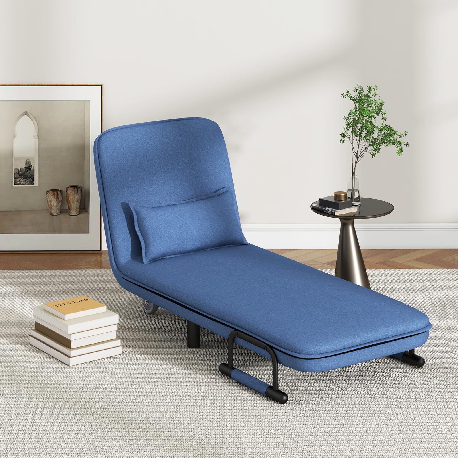 Convertible Chair Bed with 5-Position Adjustable Backrest & Lumbar Pillow, 2 Hidden Metal Legs & 2 Lockable Casters