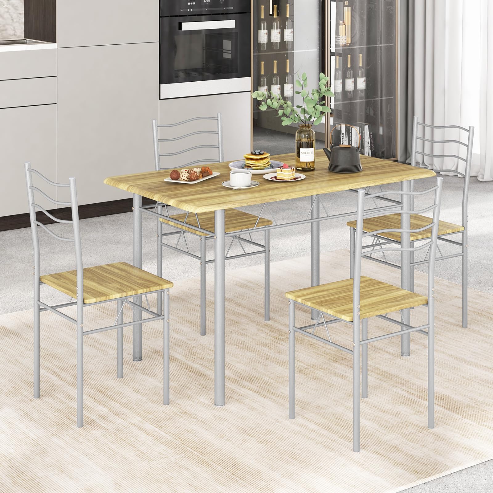 5 Piece Dining Table Set with 4 Chairs, Metal Frame Wood Like Tabletop Kitchen Furniture