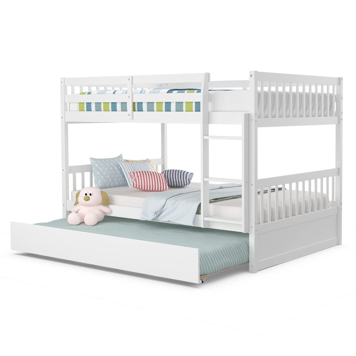Full Over Full Wood Bunk Bed with Trundle, Ladder, Solid Wood Frame & Safety Guardrails