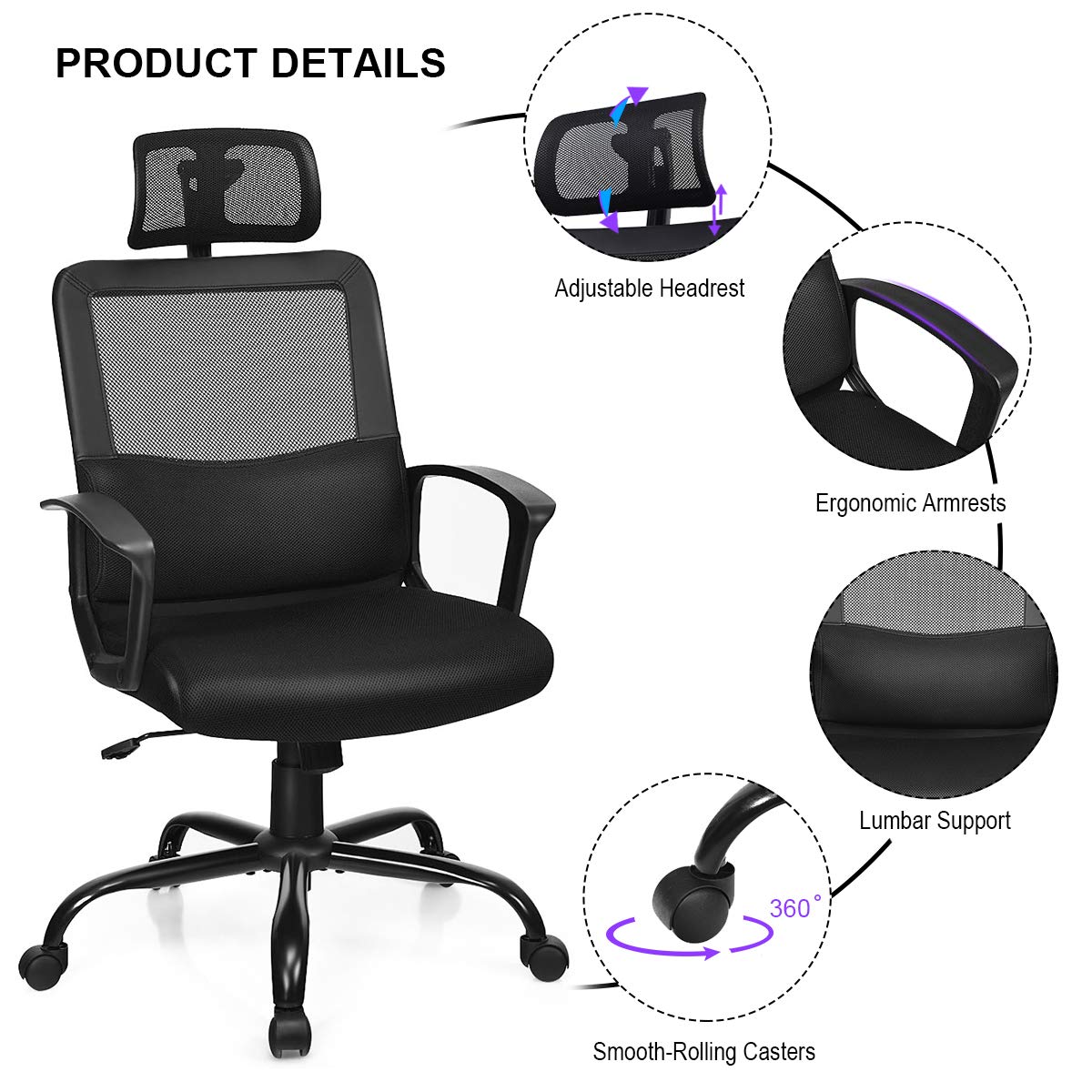 Mesh Office Chair, Ergonomic High Back Computer Desk Chair with Adjustable Headrest & Lumbar Support