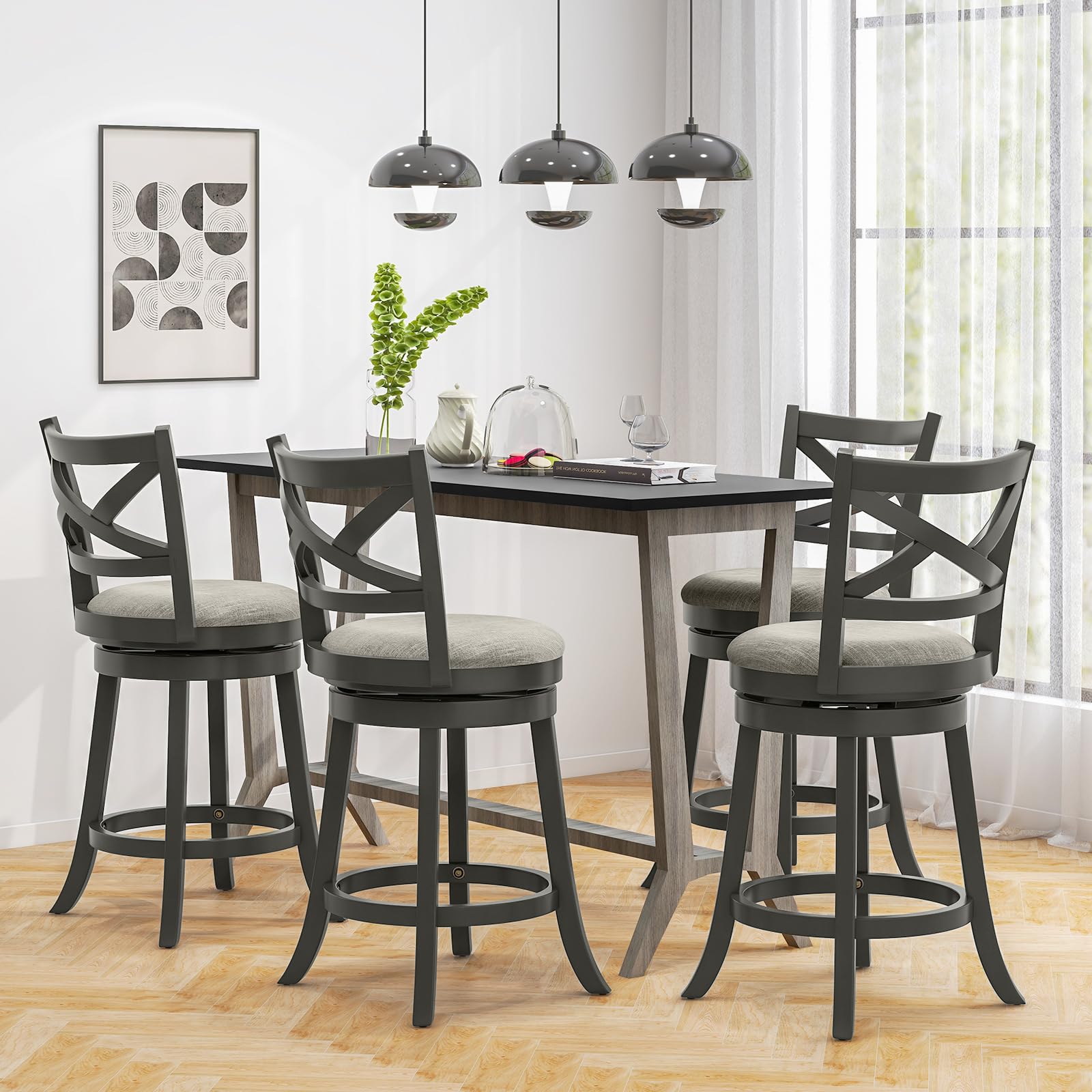 Wood Swivel Bar Stools Set of 2/4, Counter Height Swivel Chairs with Hollow Back & Soft-Padded Seat