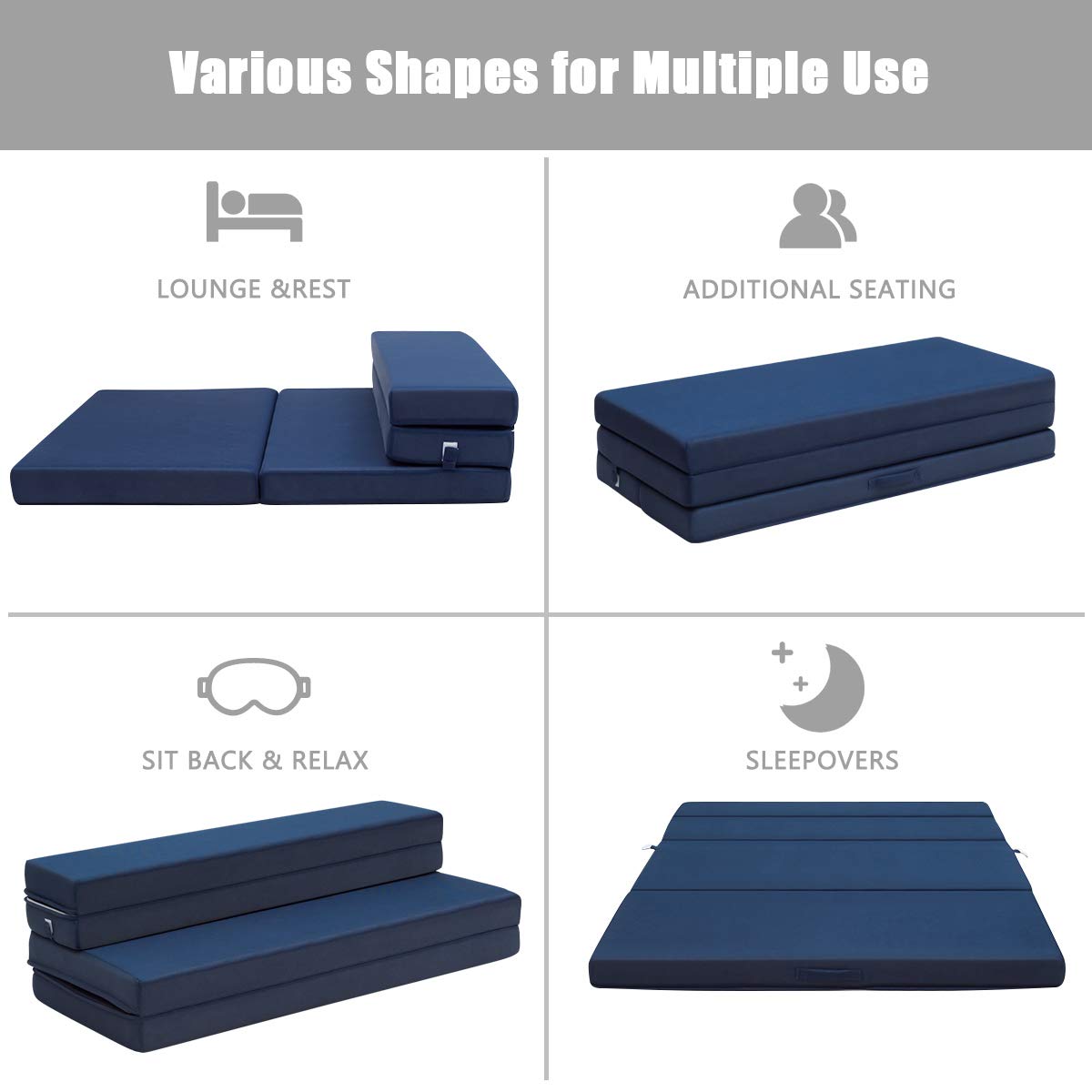 4 Inch Tri Folding Mattress, Foam Mattress with Carrying Handles and Removable Washable Fabric