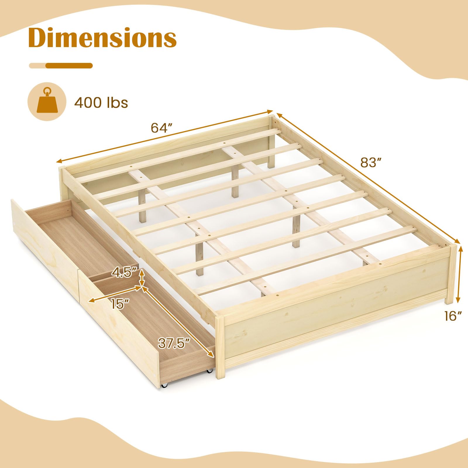Bed Frame with 2 Storage Drawers, Solid Wood Platform Bed with Slats Support