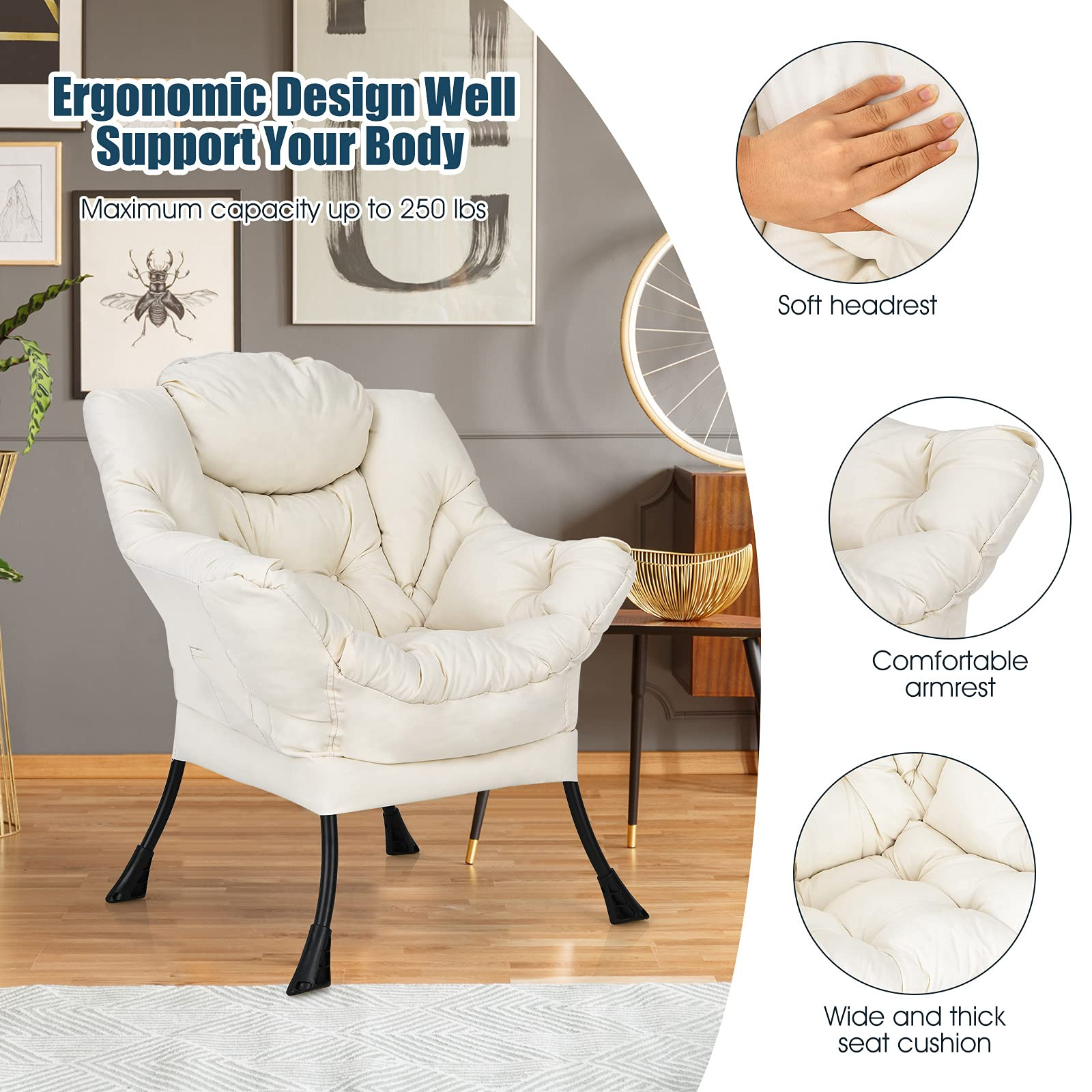 Modern Lazy Chair, Upholstered Single Sofa Chair w/Armrests & Side Pocket