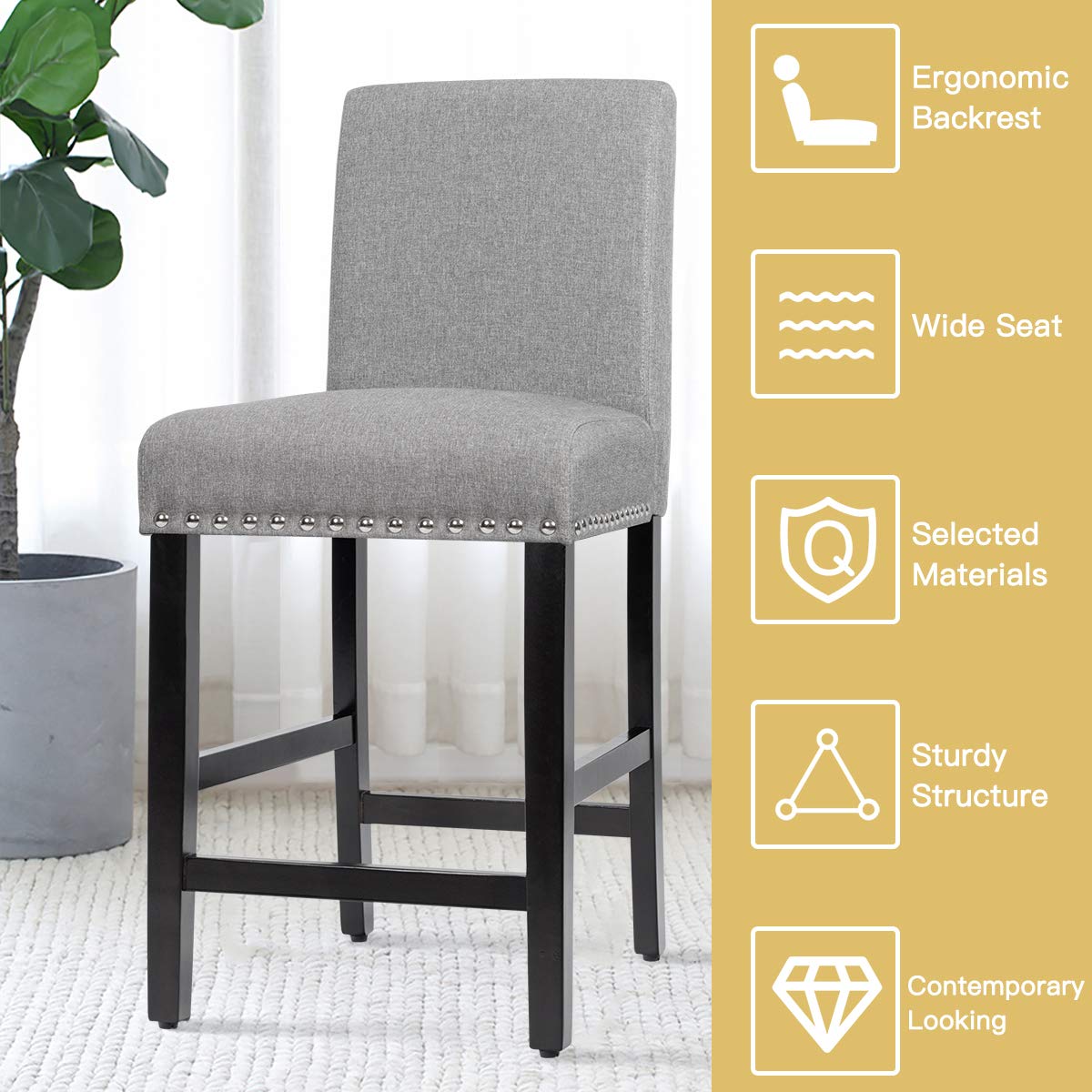 Bar Stools Set of 2/4, 25'' Counter Height Upholstered Bar Chairs w/ Rubber Wood Legs, Breathable Linen Fabric, Padded Seat & Backrest