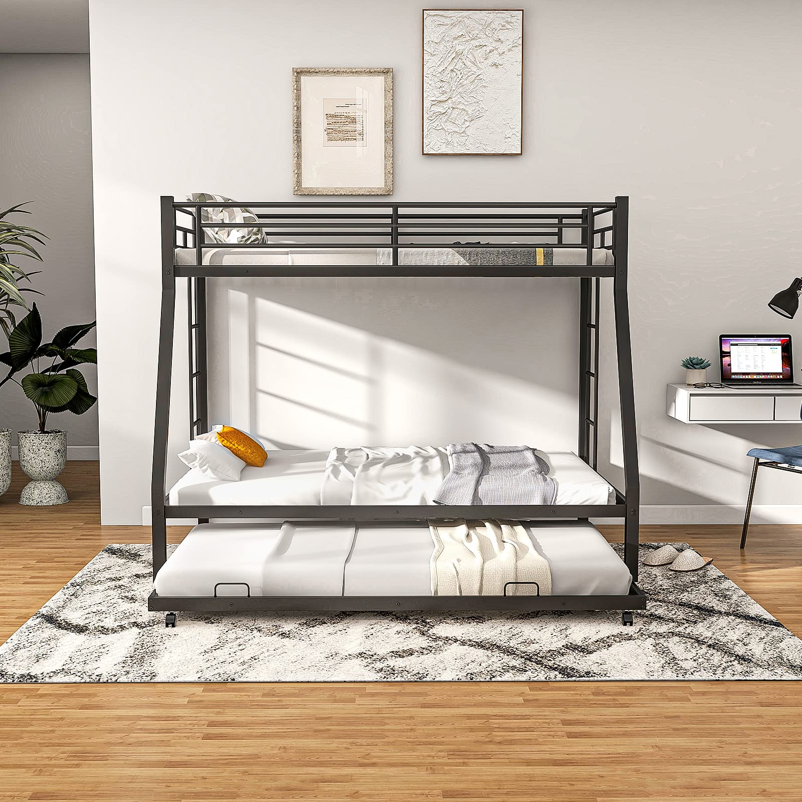 Twin Over Full Heavy-Duty Metal Bunk Bed with Trundle, Guardrail & 2 Ladders