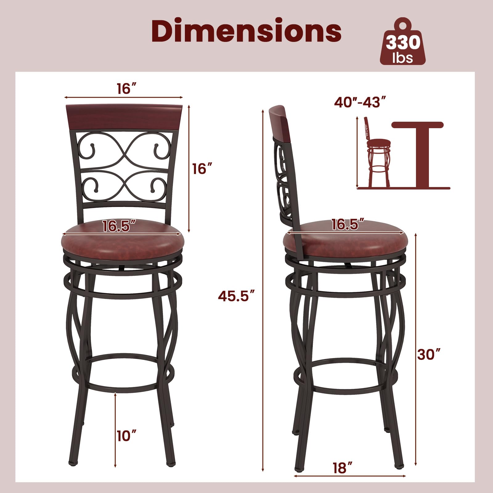 Swivel Bar Stools Set of 2/4, Counter Height Bar Stools with Back, Upholstered PU Leather Seat, Footrest