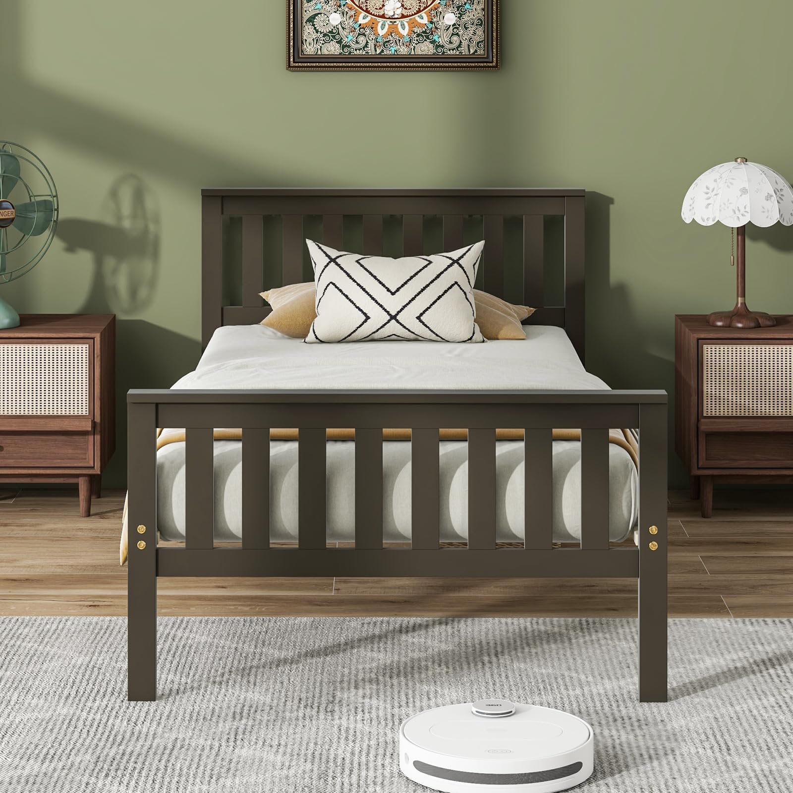 Wood Platform Bed Frame with Headboard, Wooden Slats Support, 12" Under-Bed Storage Space