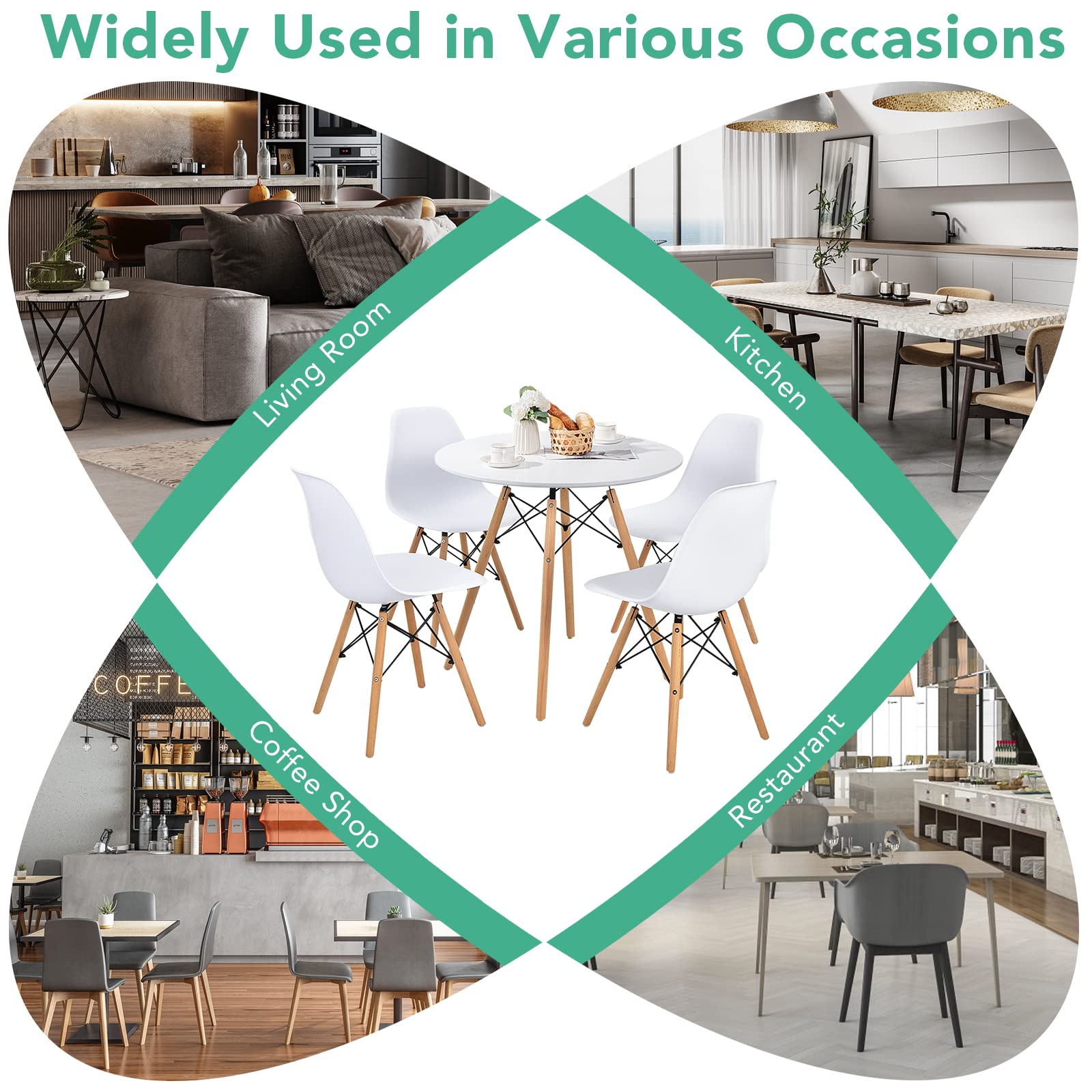 Round Dining Table Set for 4, Modern 31.5" D Dining Table & 4 Dining Chairs with Solid Wood Legs