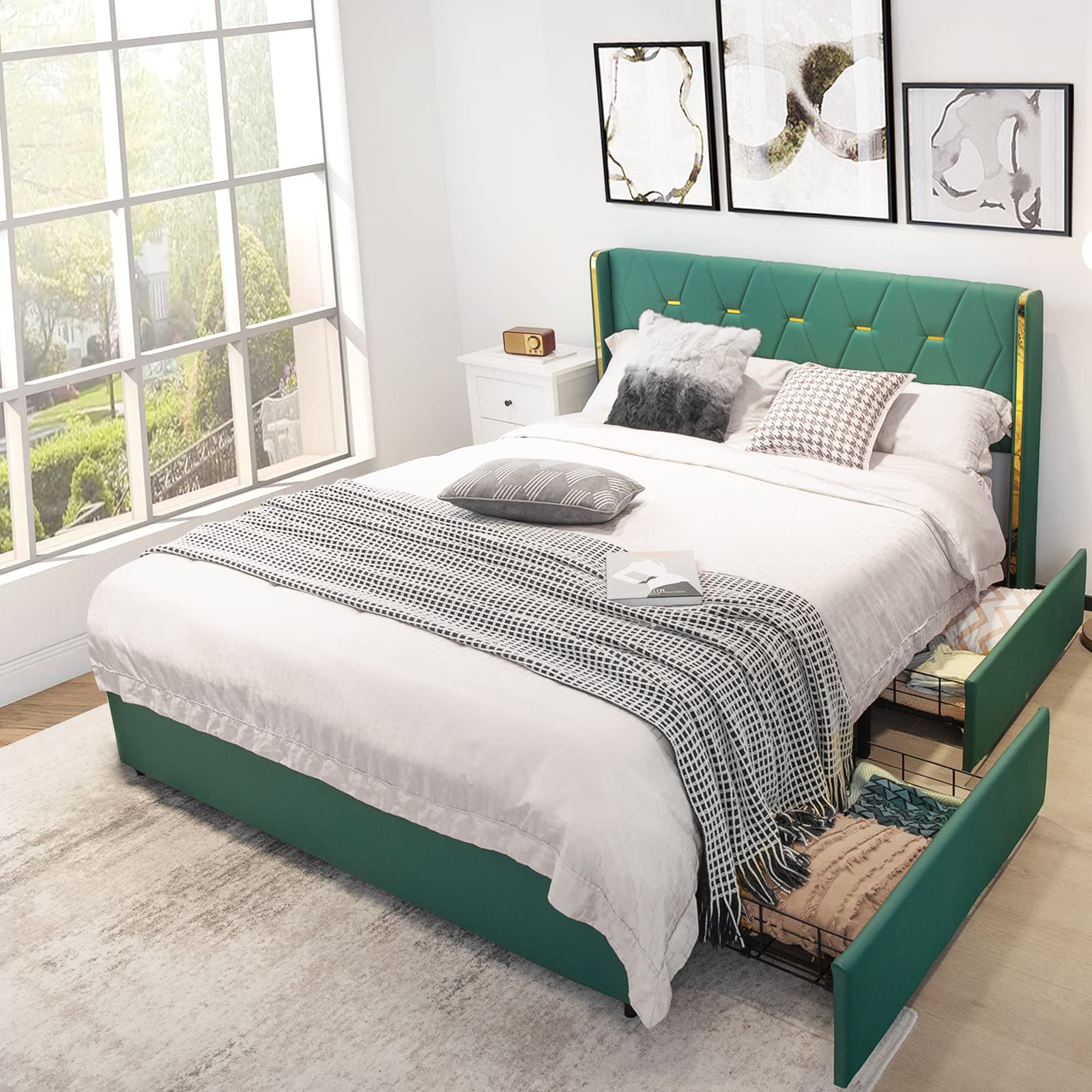 Full/Queen Upholstered Bed Frame with 4 Rolling Storage Drawers, Space Saving PU Leather Bed Frame