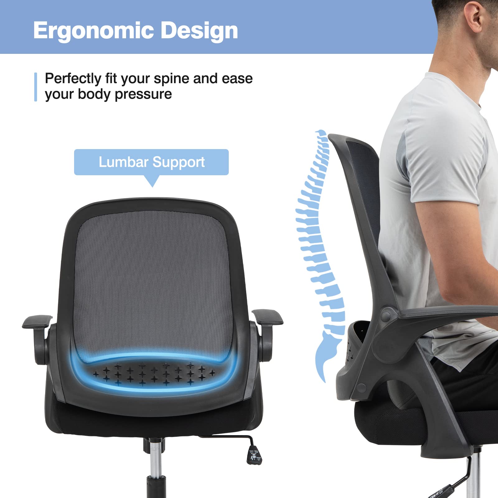 Mid-Back Height Adjustable Swivel Mesh Office Chair with Flip-up Armrests, Lumbar Support