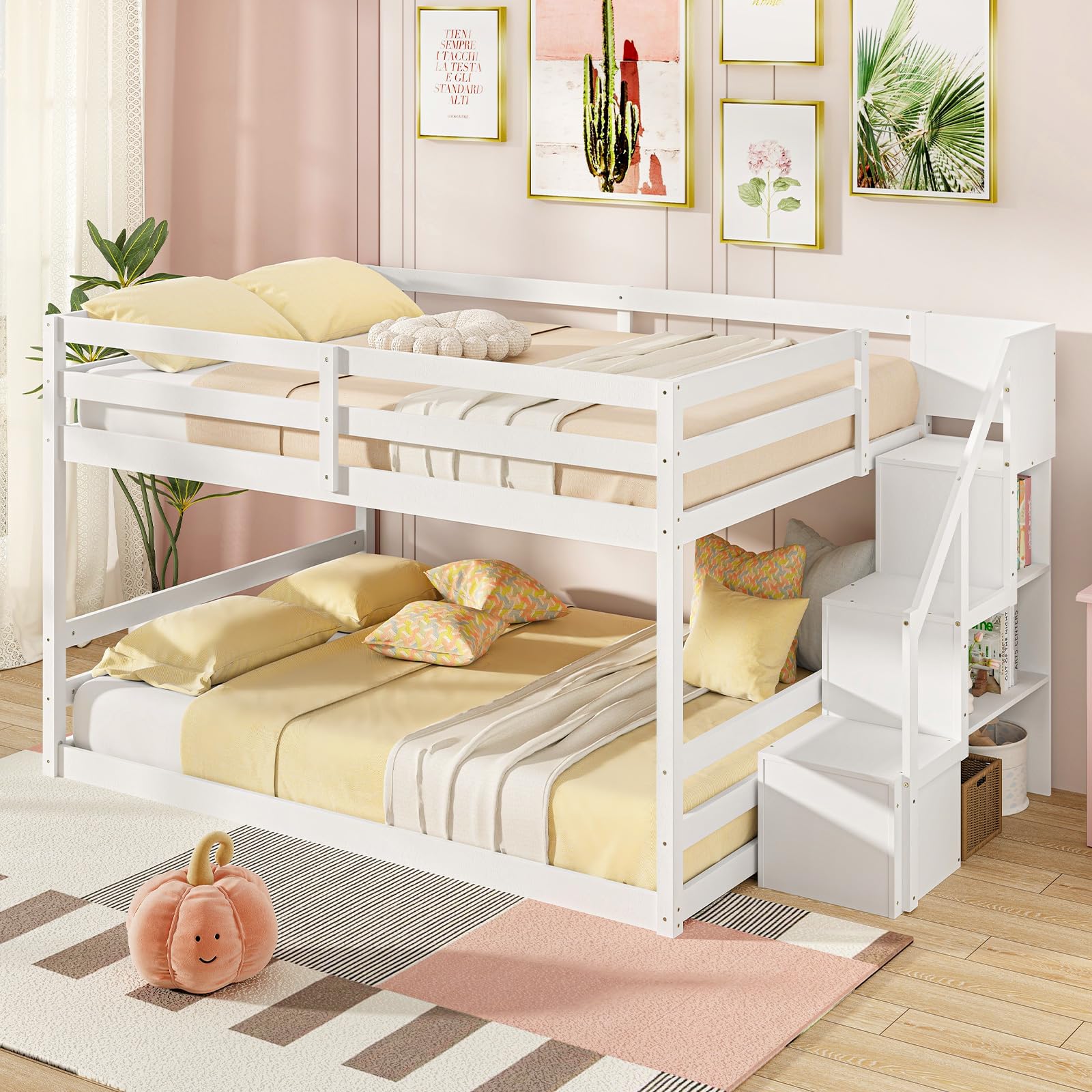 Bunk Bed with Stairs, Solid Wood Floor Bunk Bed with Storage Staircase & Full-Length Guardrails