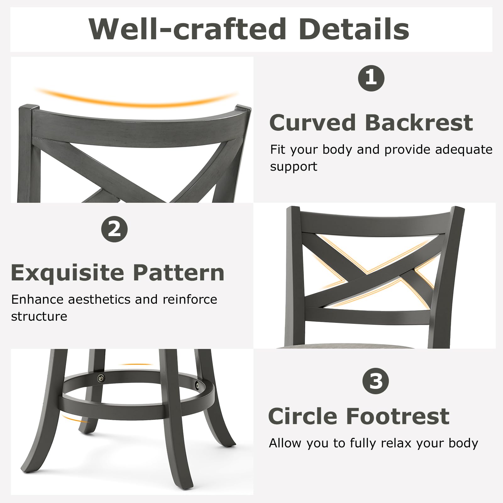 Wood Swivel Bar Stools Set of 2/4, Counter Height Swivel Chairs with Hollow Back & Soft-Padded Seat