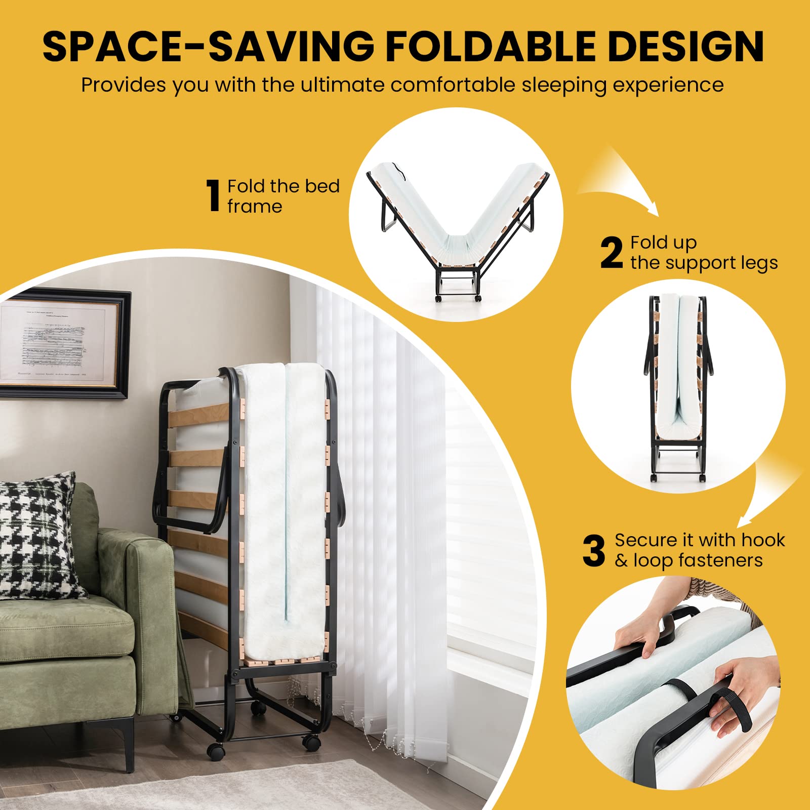 Folding Bed with 4 Inch Memory Foam Mattress & Solid Wood Slats