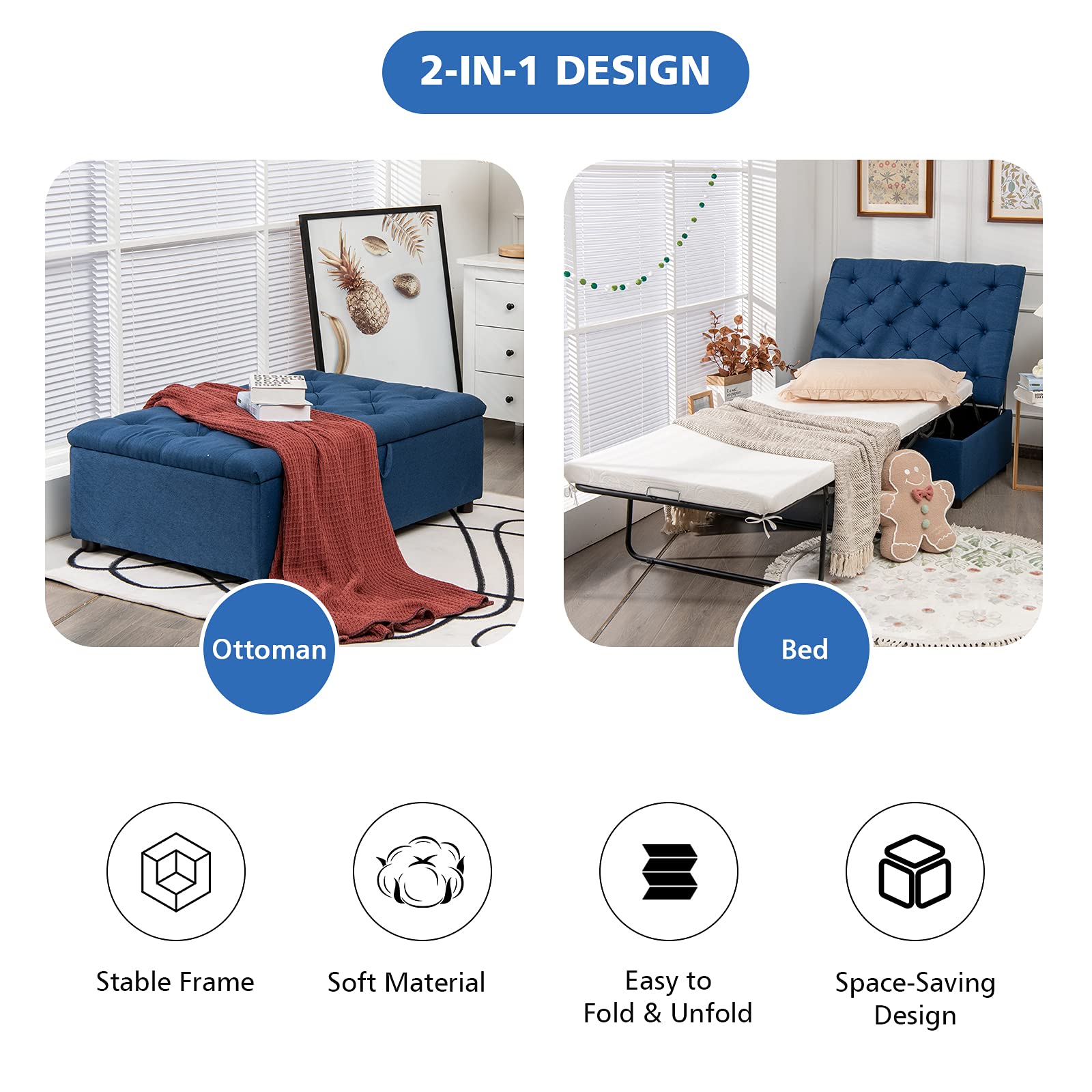 Folding Ottoman Sleeper Chair With Mattress, Convertible Fold Out Sofa Bed