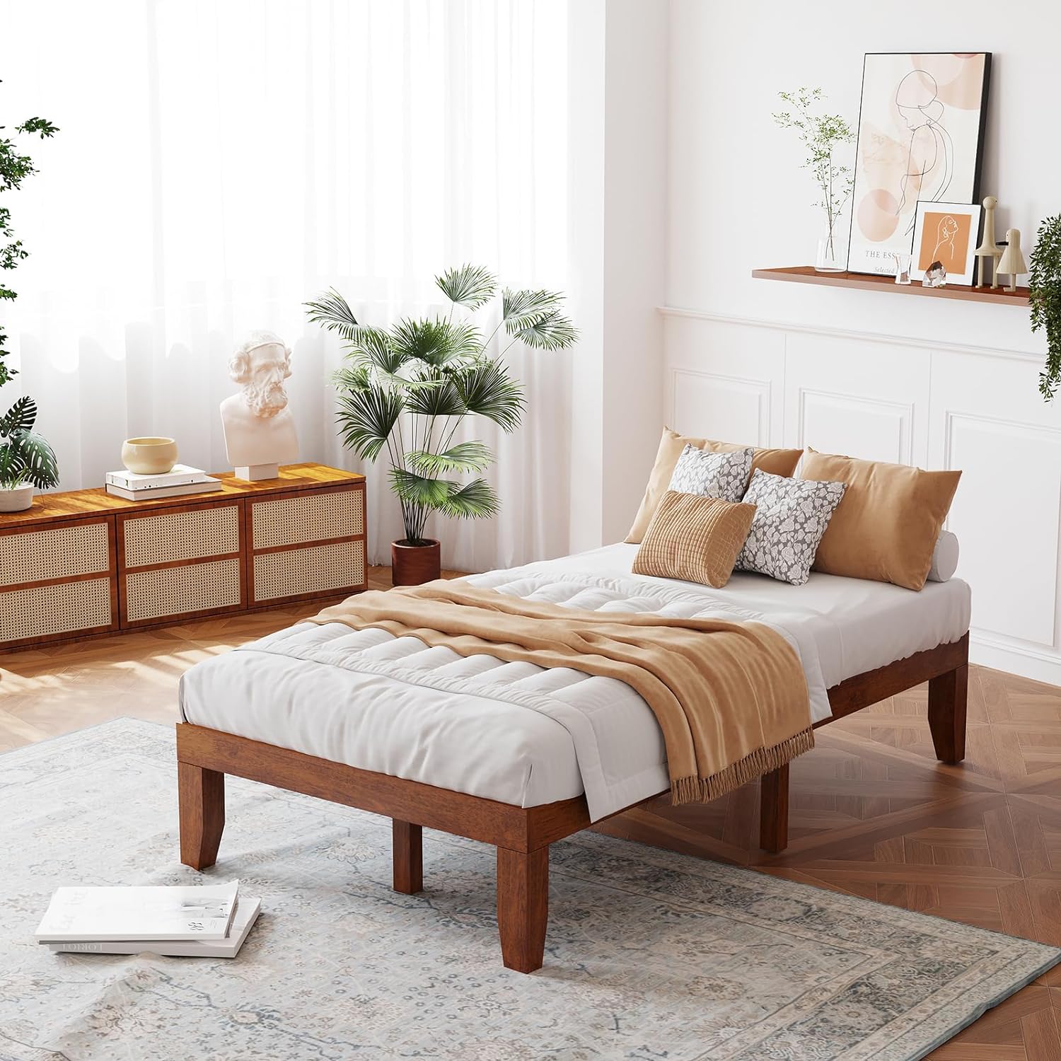 14 Inches Wood Platform Bed Frame, Solid Wood Mattress Foundation with Rubber Wood Frame
