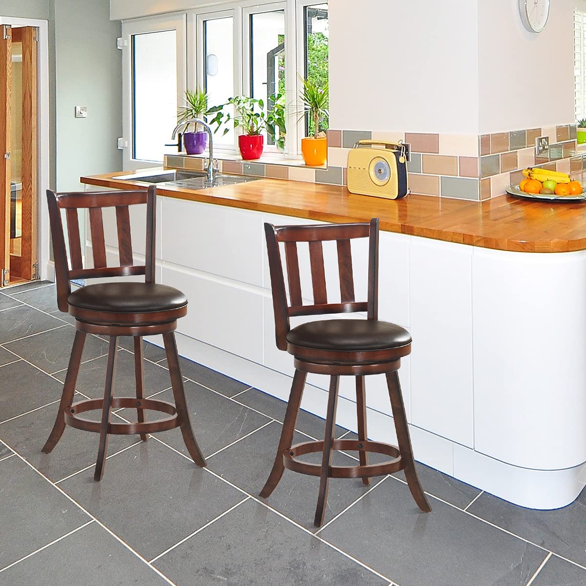 Bar Stools Set of 2/4, Counter Height Dining Chair, Fabric Upholstered 360 Degree Swivel, PVC Cushioned Seat
