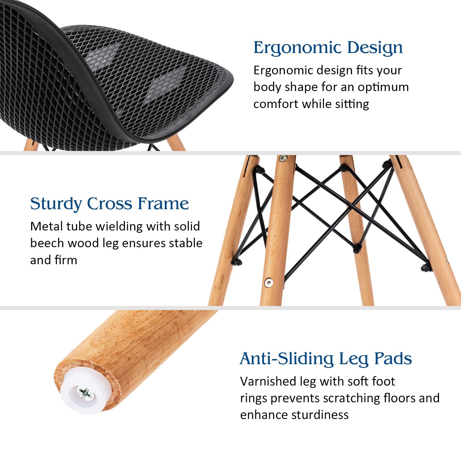 Set of 4 Modern Dining Chairs, Outdoor Indoor Shell PP Lounge Side Chairs with Mesh Design, Beech Wood Legs