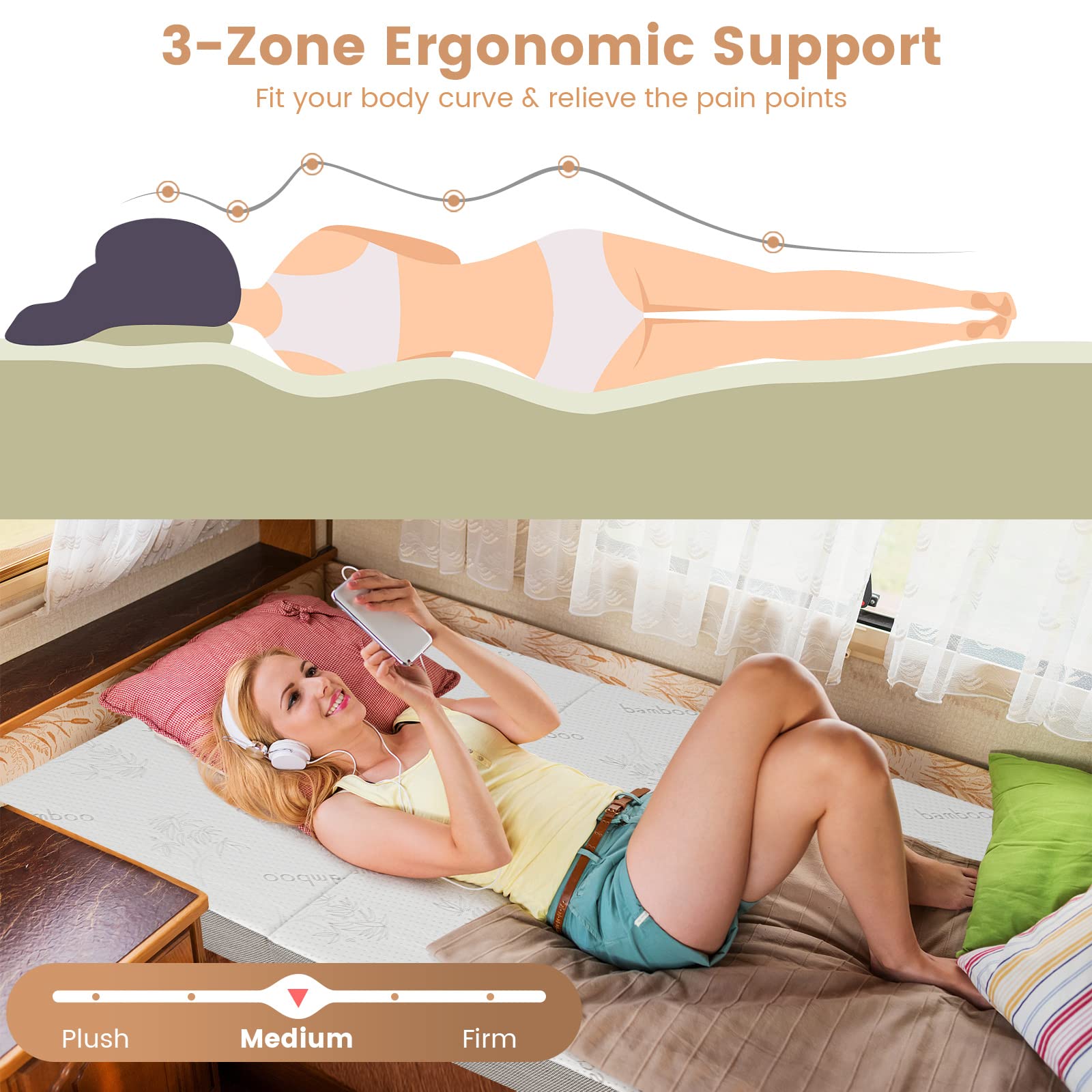 4" Tri-Folding Mattress with Storage Bag, Cool Gel Memory Foam Mattress with Removable Bamboo Cover