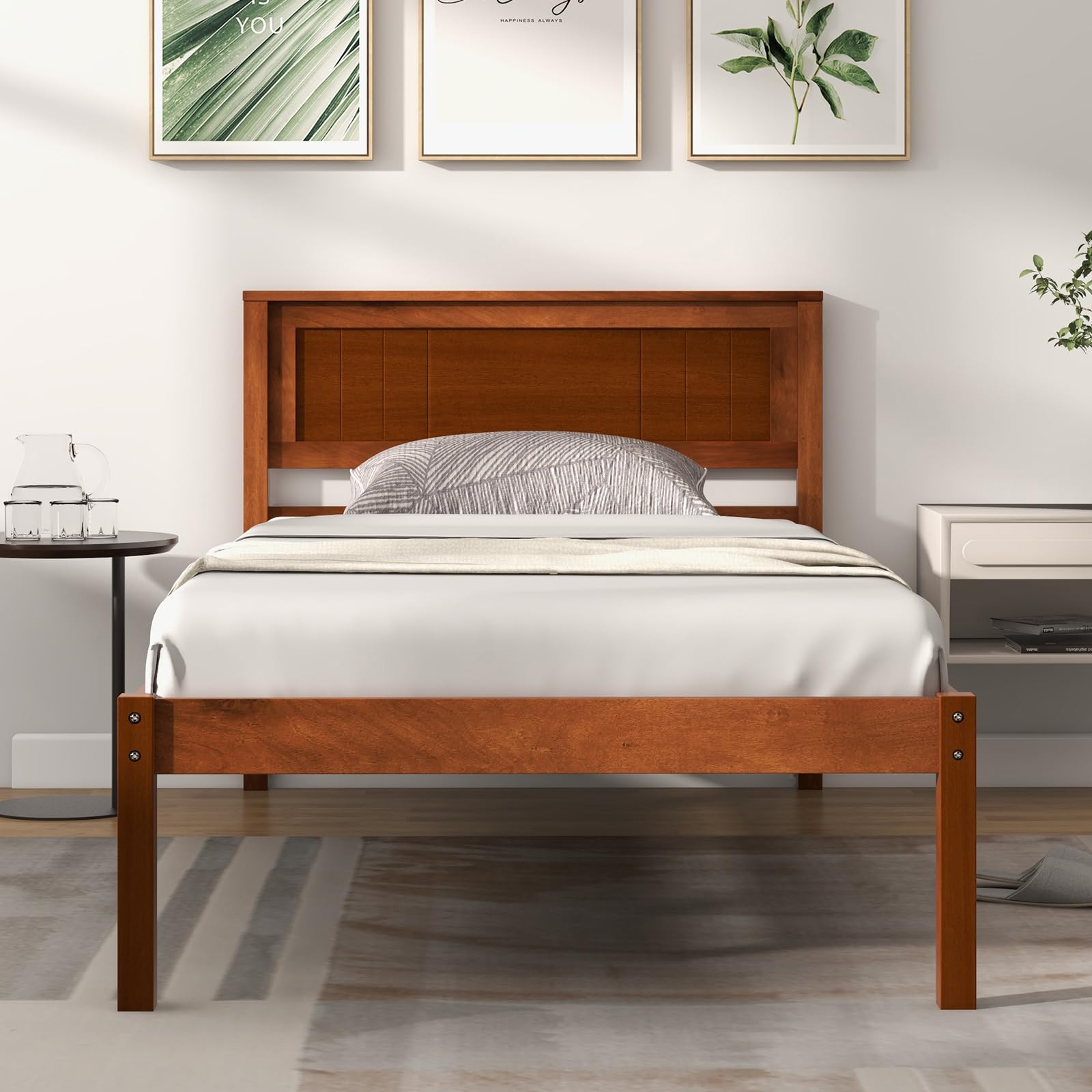 Wooden Platform Bed Frame with Headboard & Wood Slat Support