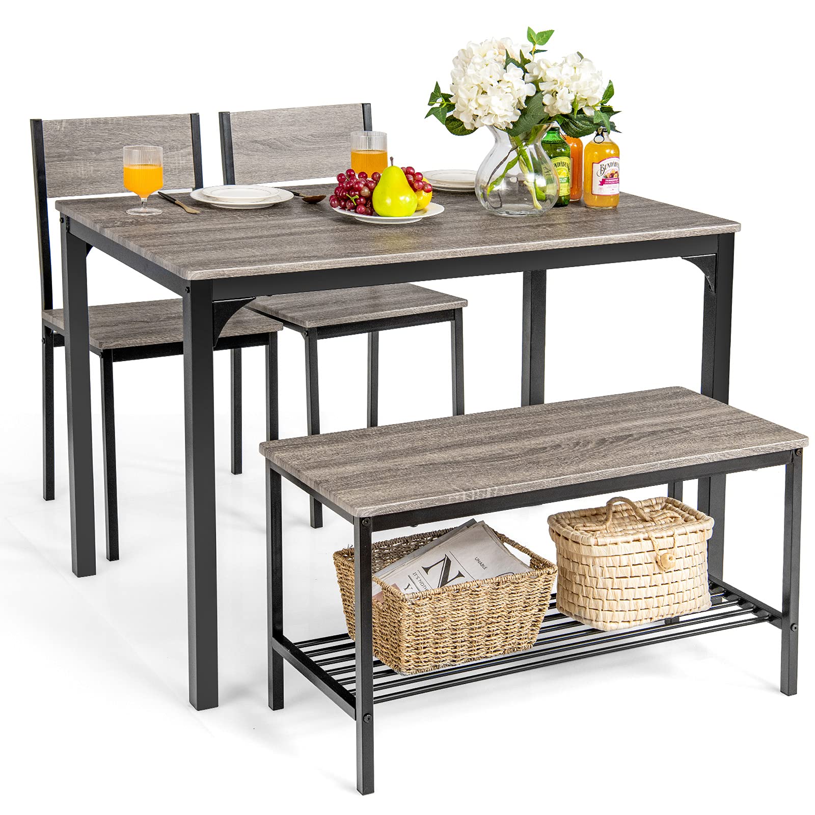 Dining Table Set for 4, Industrial Gathering Bench Dining Set W/Metal Frame & Storage Rack