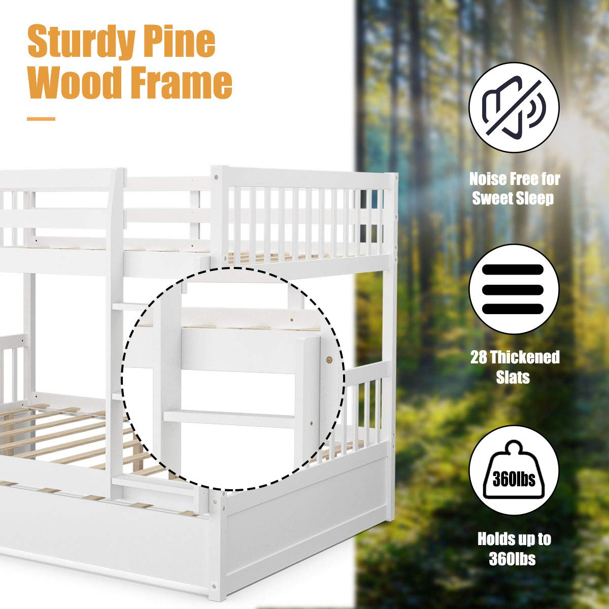 Full Over Full Wood Bunk Bed with Trundle, Ladder, Solid Wood Frame & Safety Guardrails