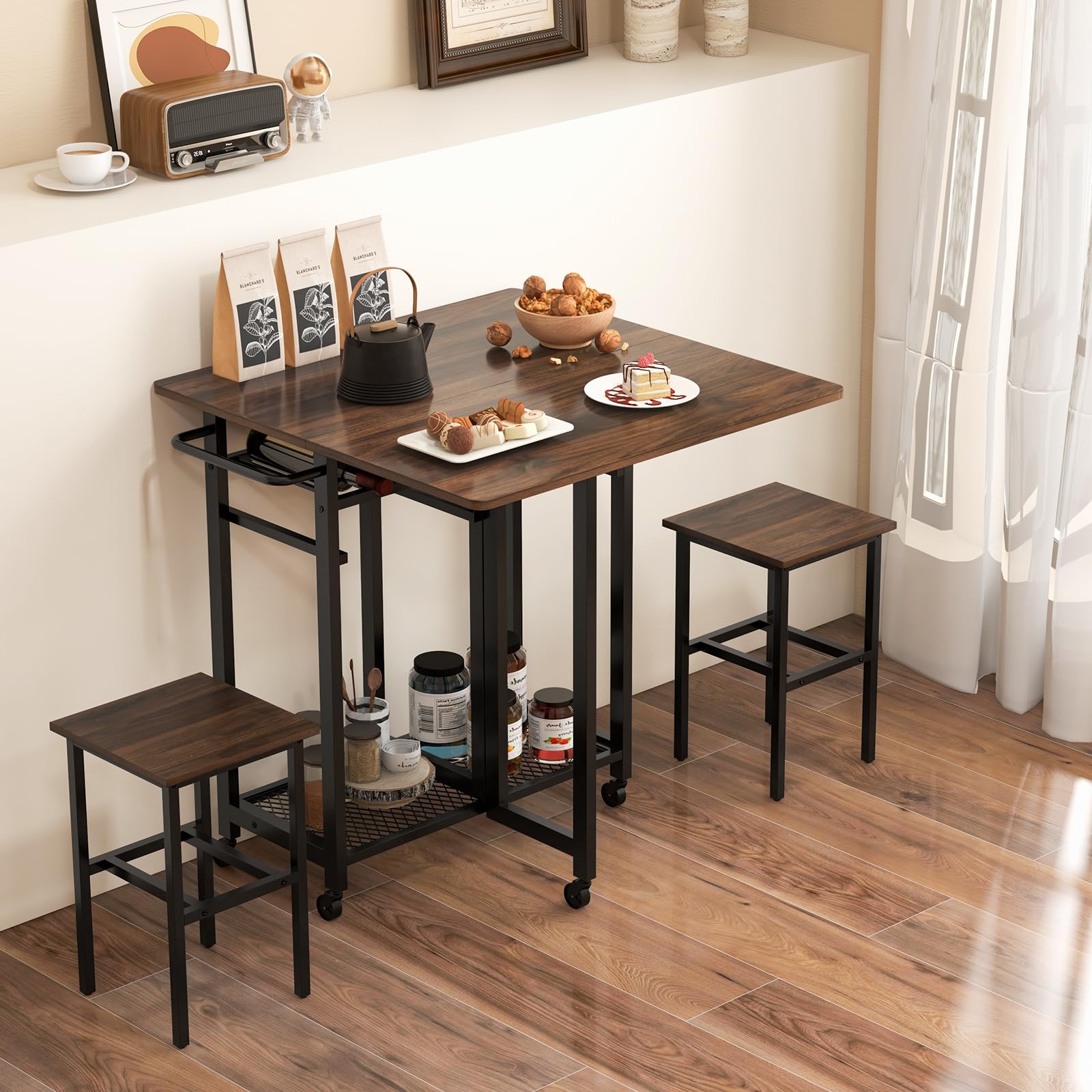 3 Piece Foldable Dining Table Set, Extendable Dining Table & 2 Stools Set w/ 6-Bottle Wine Rack, Shelves & Side Pushing Handle