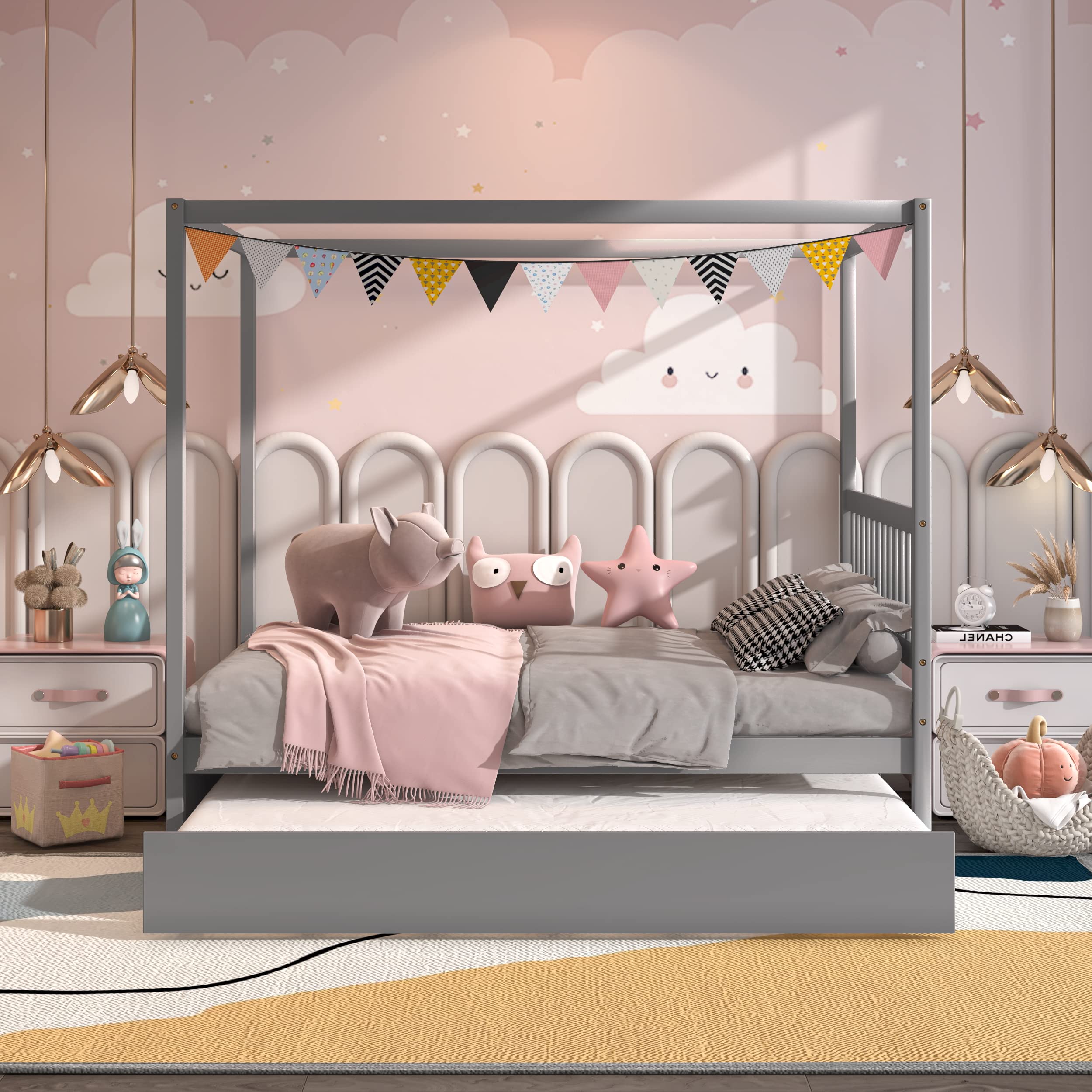 Wood Canopy Bunk Bed with Trundle, Full Size Solid Wood Platform Bed with Headboard