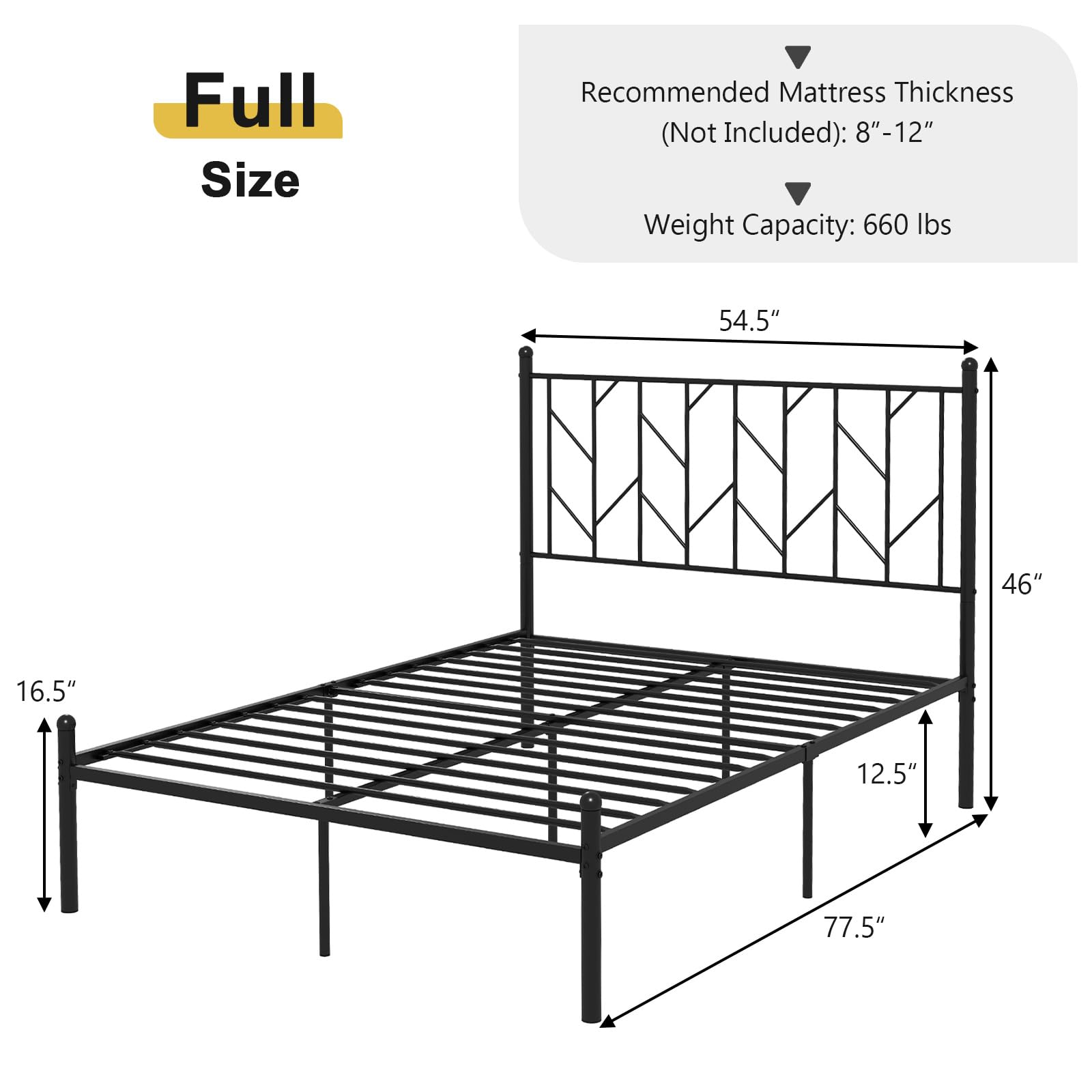 Metal Bed Frame with Victorian Style Headboard, 14 Metal Slats Support