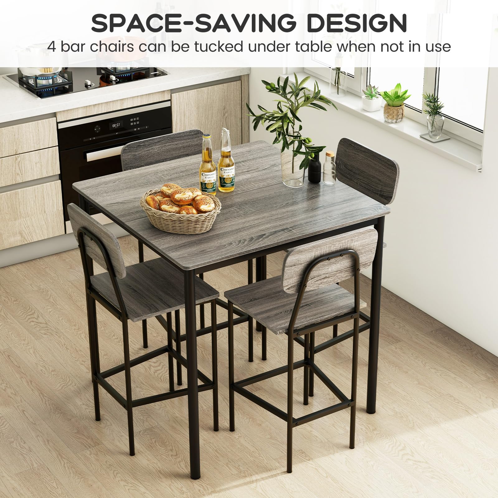 5 Piece Dining Table Set with Counter Height Table & 4 Bar Stools, Industrial Kitchen Dining Table Set  with Footrest & Backrest