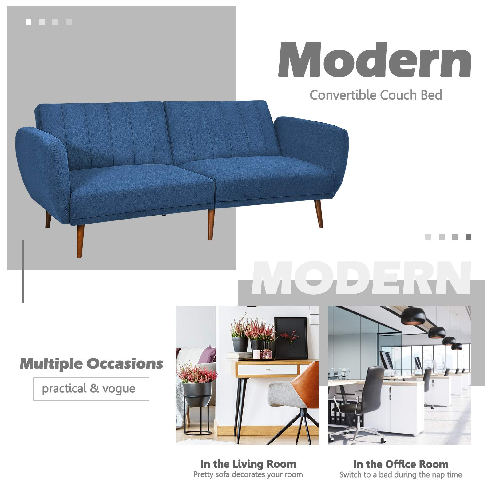 Foldable Futon Sofa Bed, Convertible Sofa Couch Upholstered Futon Sleeper Sofa, 3-Level Angle Adjustable