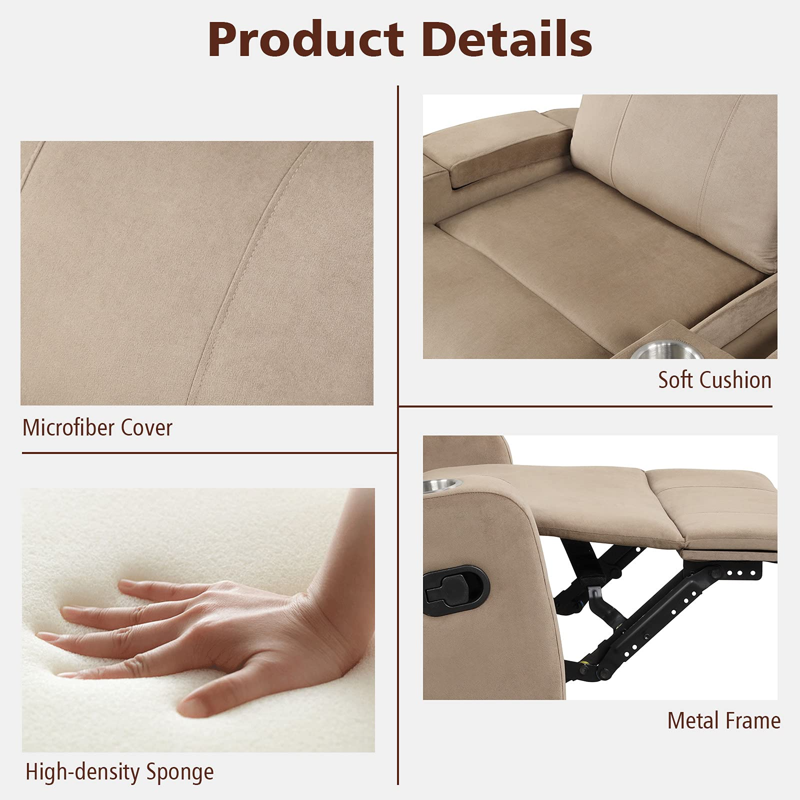 Manual Fabric Recliner Chair, Backrest Adjustable Reading Reclining Chair with 2 Cup Holders and Armrest Hidden Storage
