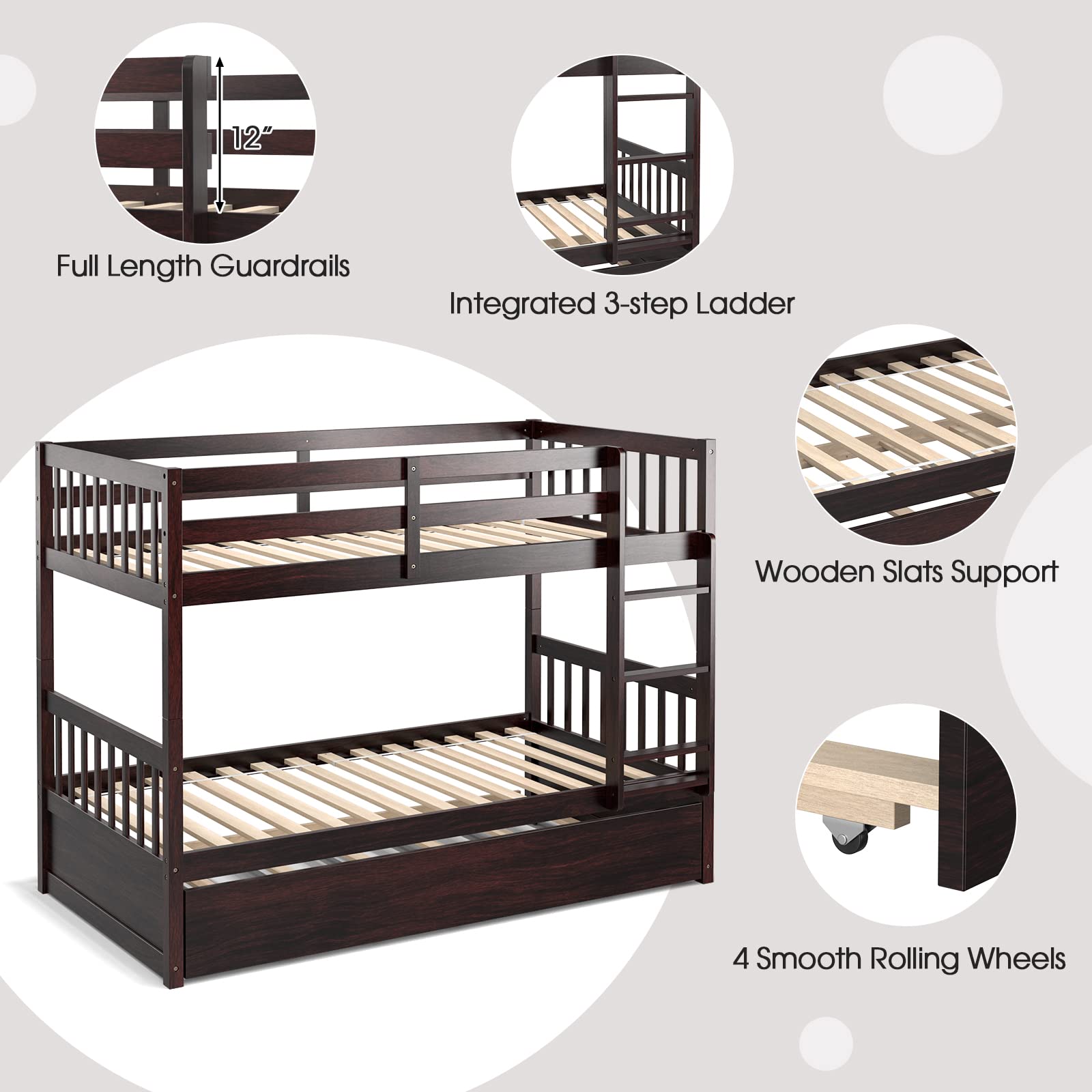 Twin Over Twin Wood Bunk Bed with Trundle, 2-in-1 Convertible Bunk Bed with Ladder & Solid Wood Frame