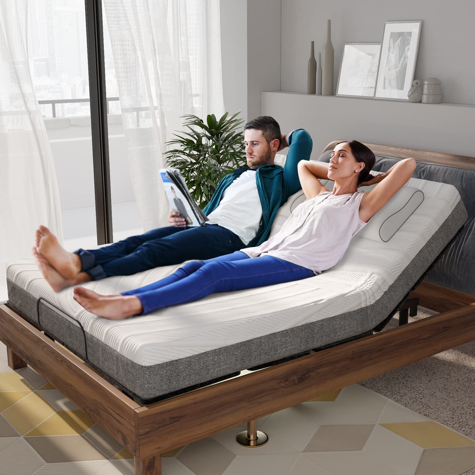 Adjustable Bed Base with Remote, Electric Reclining Bed with Head & Foot Incline, LED Under-Bed Lighting and Dual USB Port