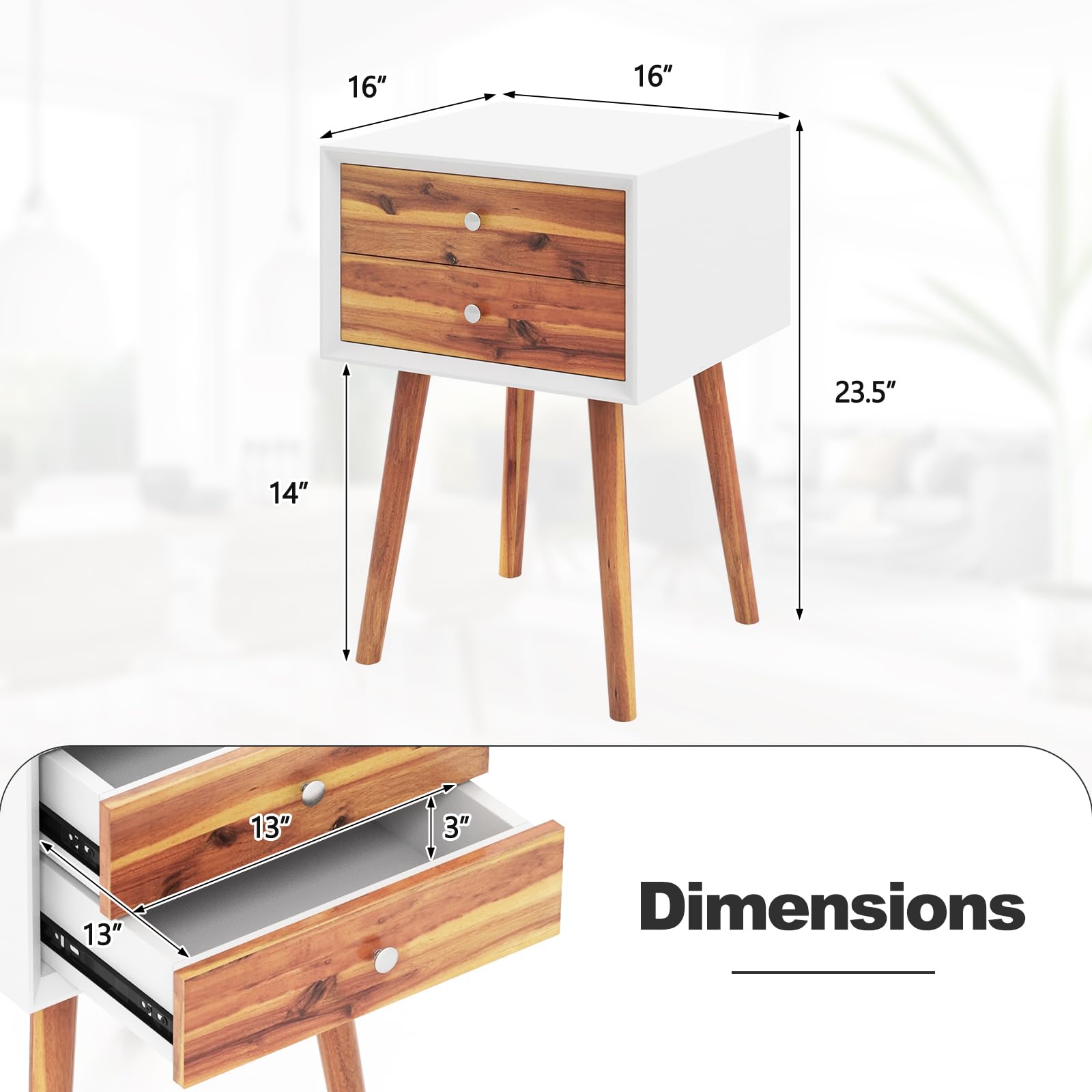 2-Drawer Nightstand, Mid-Century Modern Bed Side Table with Storage