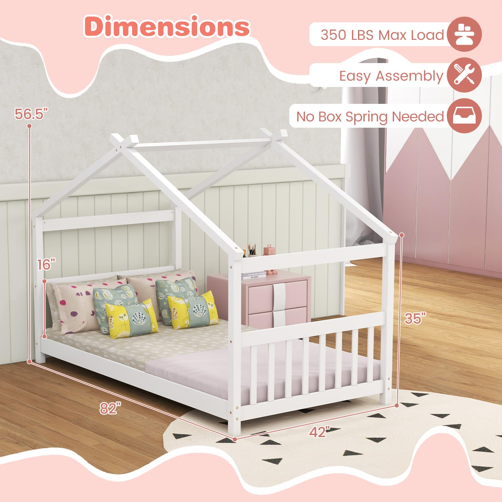 Twin Wood Kids House Bed with Roof, Headboard and Footboard