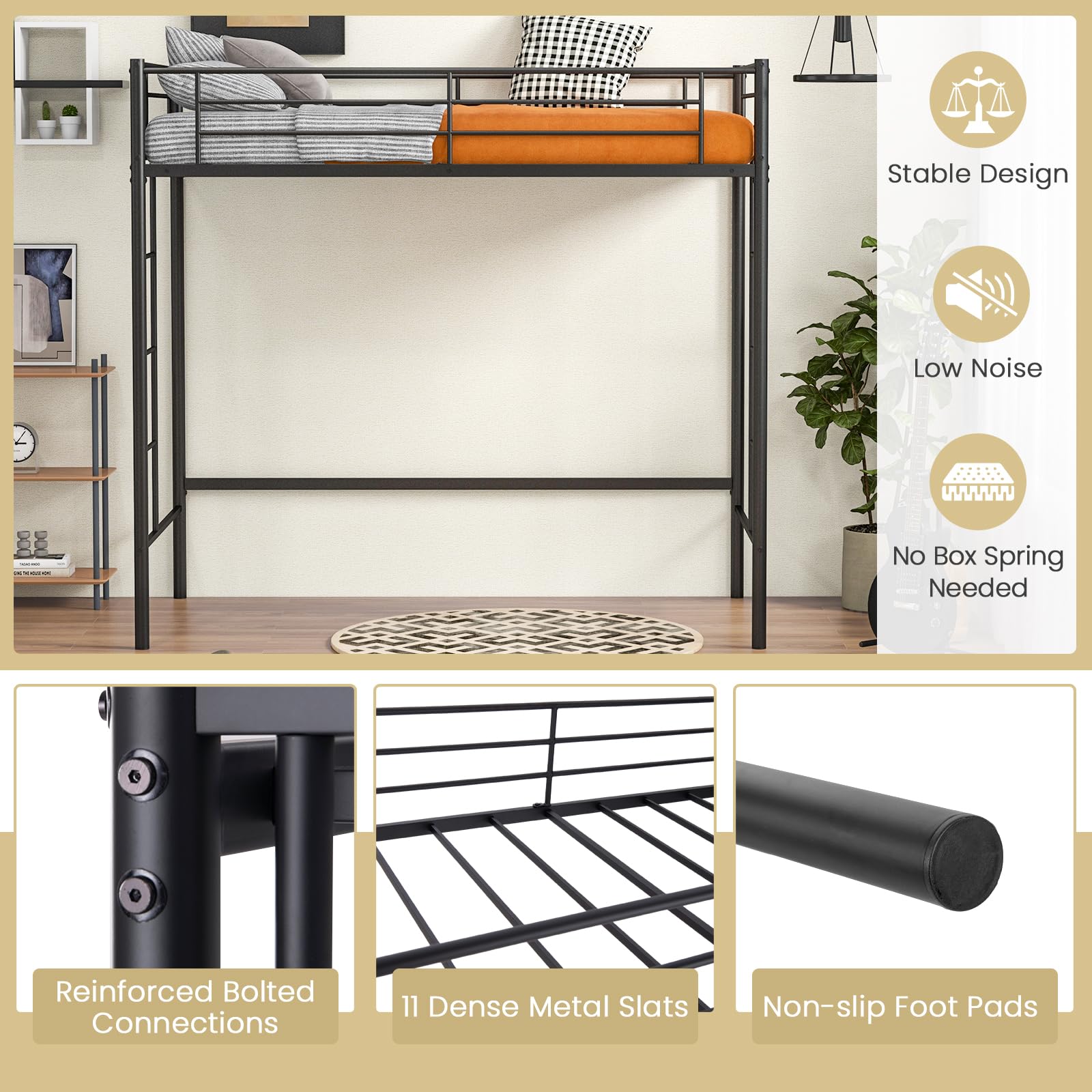 Twin Size Metal Loft Bed with Both Side Ladders & Safety Guardrails