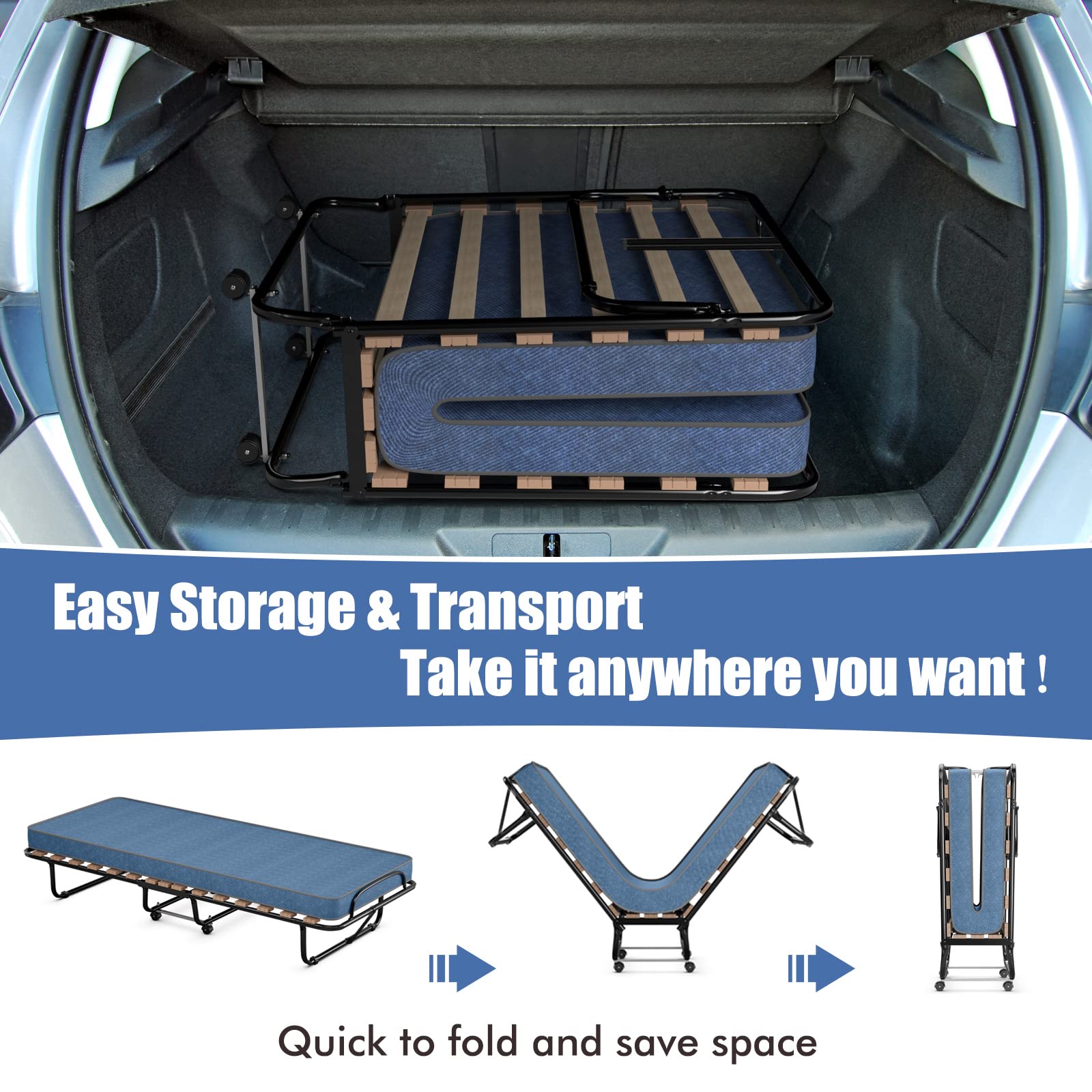 Portable Folding Rollaway Bed with Steel Frame & Memory Foam Mattress