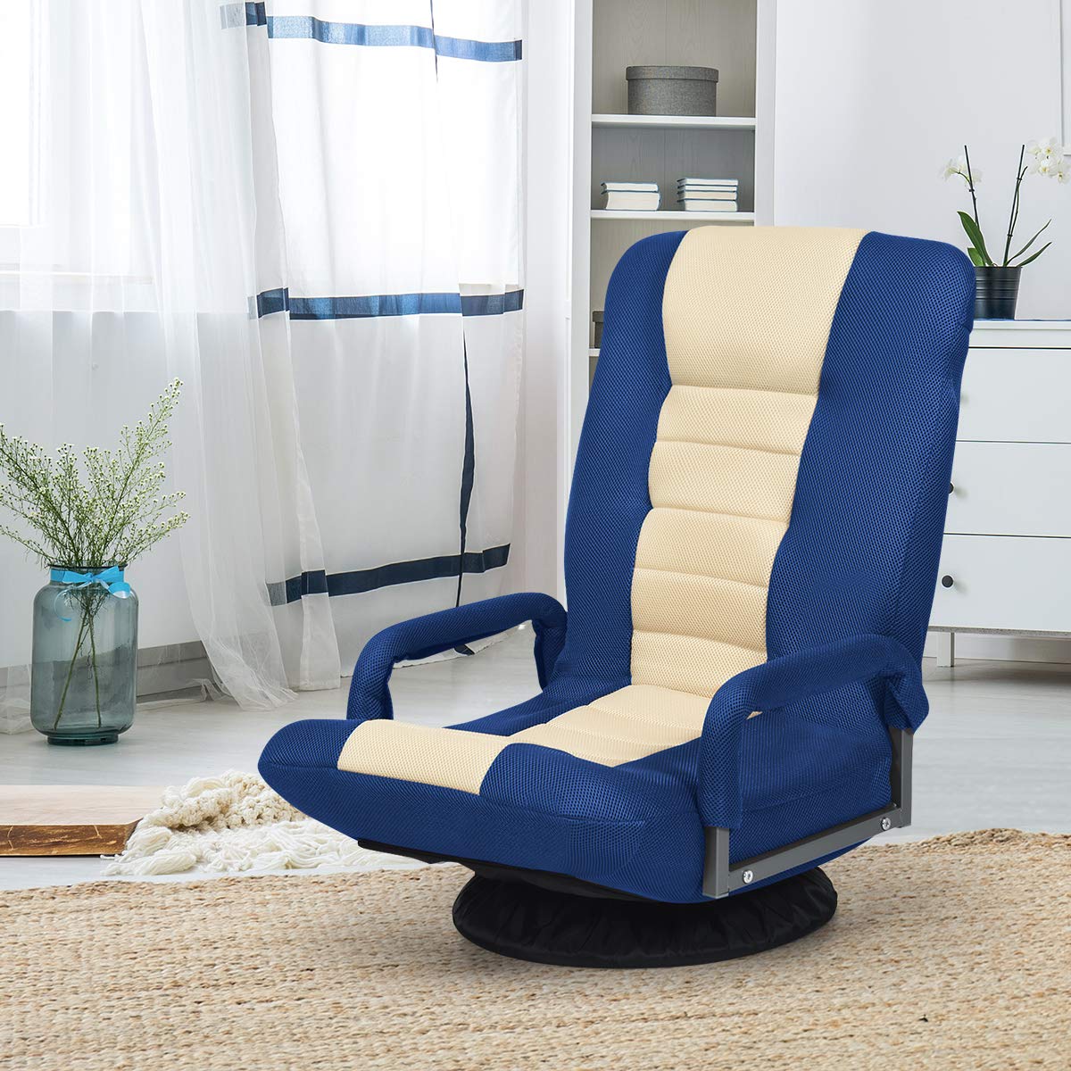 360-Degree Foldable Swivel Gaming Floor Chair With 6 Adjustable Position, Armrests, Padded Backrest